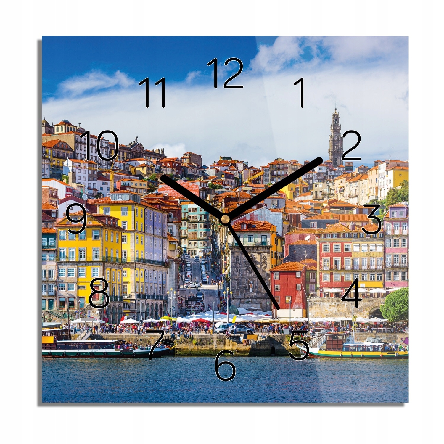 

Miasto domy rzeka zegar na szkle kwadrat 30x30