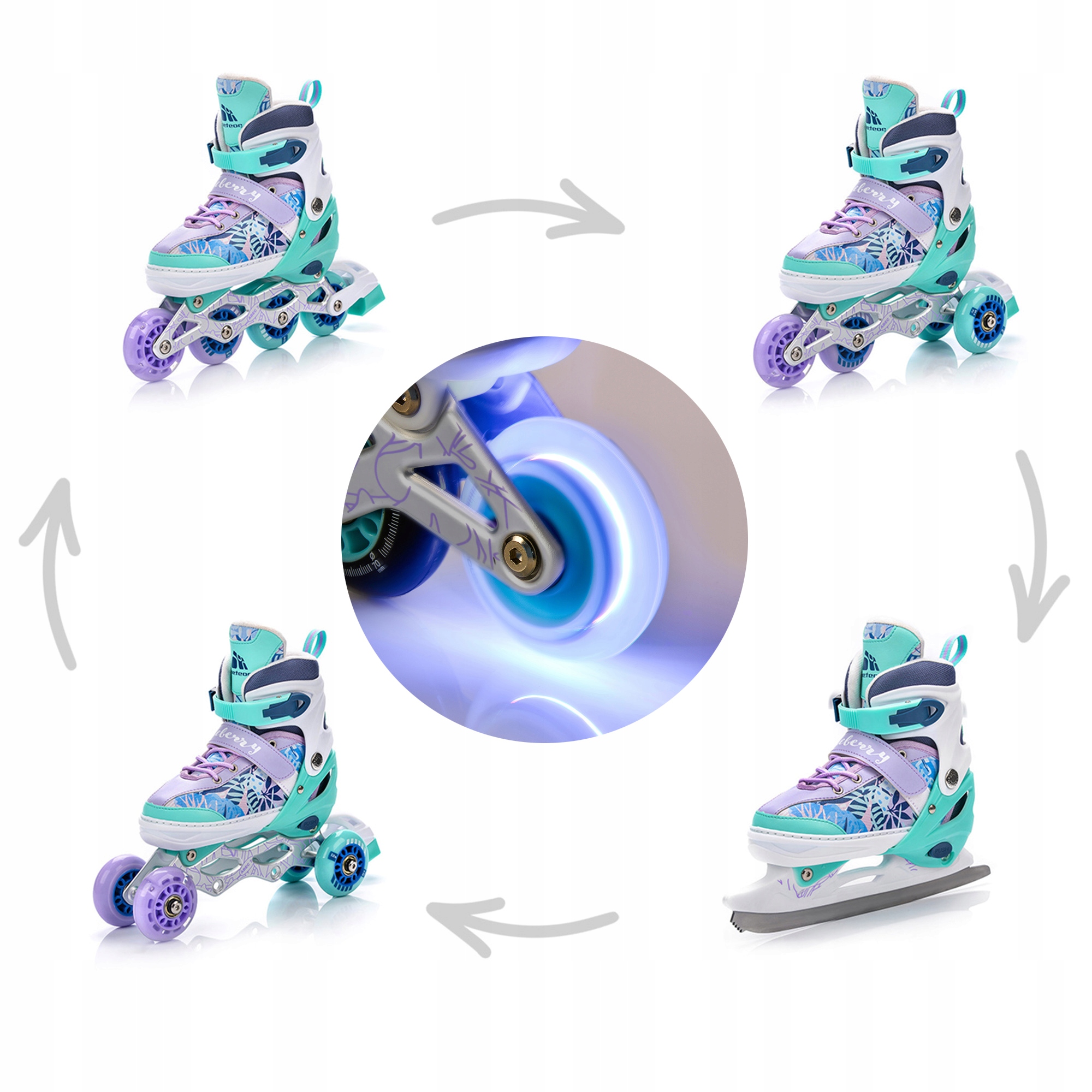 Kolečkové Brusle nastavitelné 4v1 Led kombinované brusle: na led, inline, kolečkové Meteor velikost L 38-41
