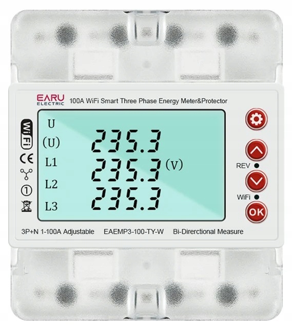 Earu Tuya EAEMP3 – 3-fázový merač energie 380V 100A s WiFi, obojsmerný