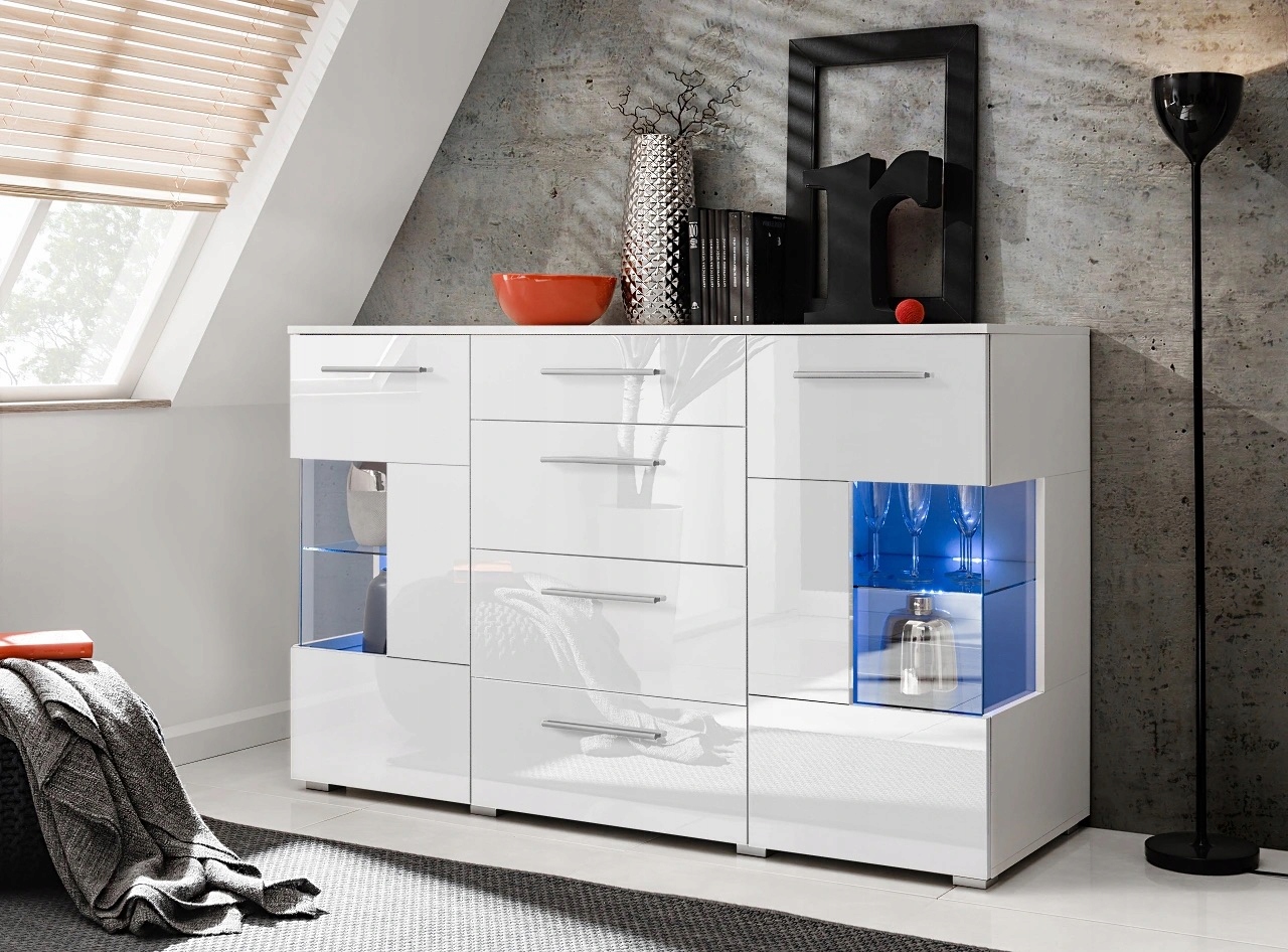 ZESTAW DO SALONU MEBLOŚCIANKA RTV KOMODA WITRYNA REGAŁ WYSOKI POŁYSK BIAŁY Kolor mebla biały