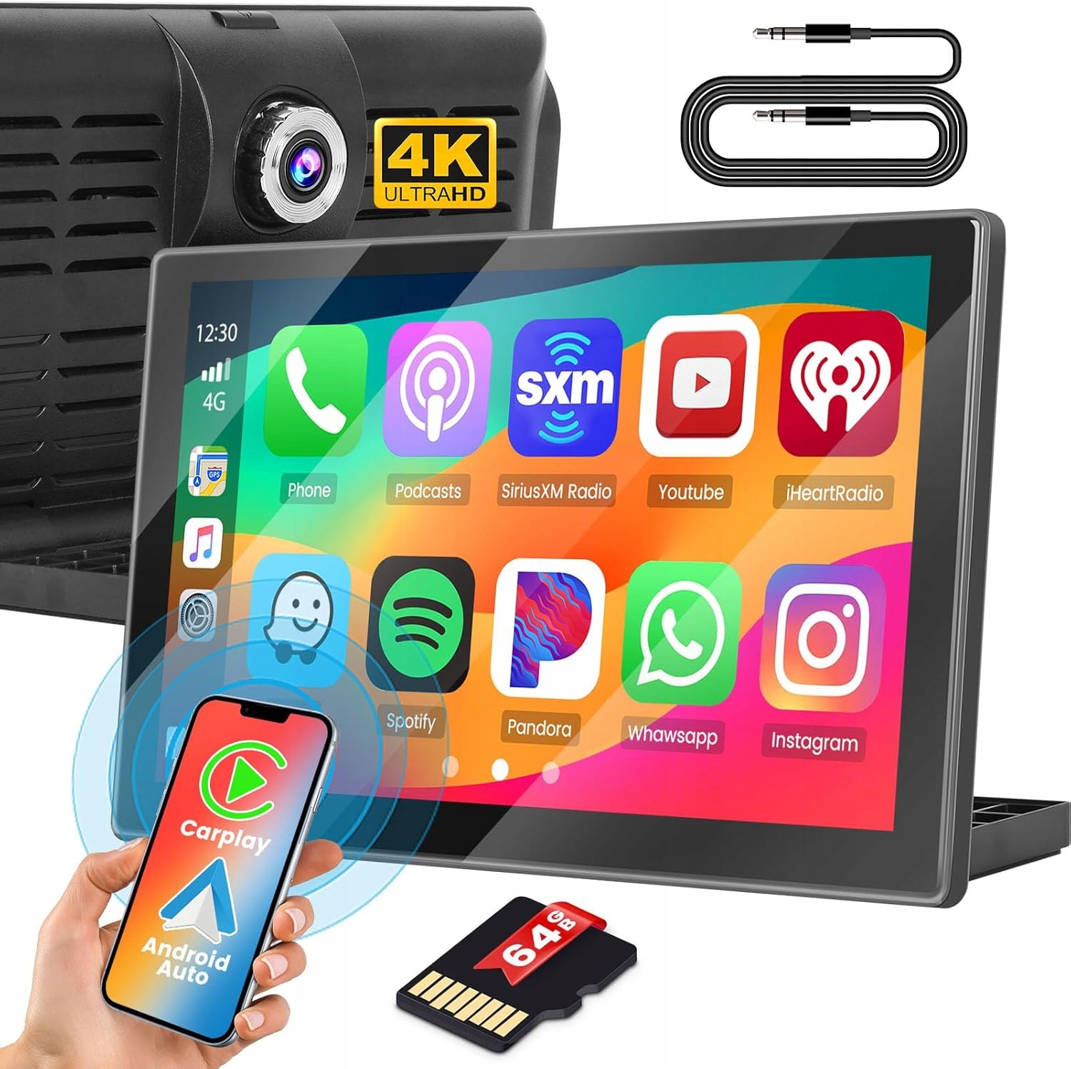 Přenosné autorádio Hikity s 9palcovým dotykovým displejem a kamerou