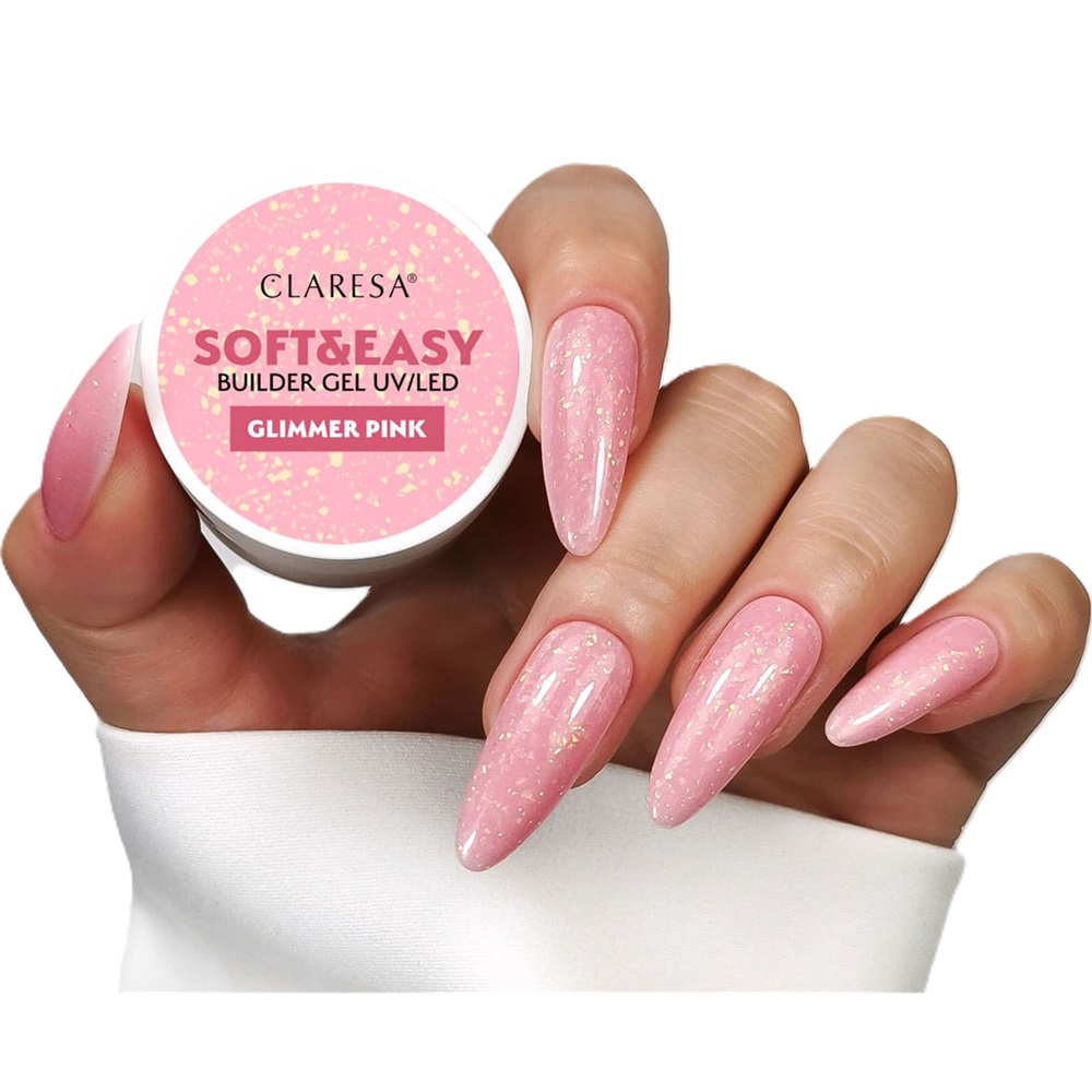 Claresa Soft Easy Builder Gel Stavební Gel Glimmer Pink Zlaté vločky 90 g