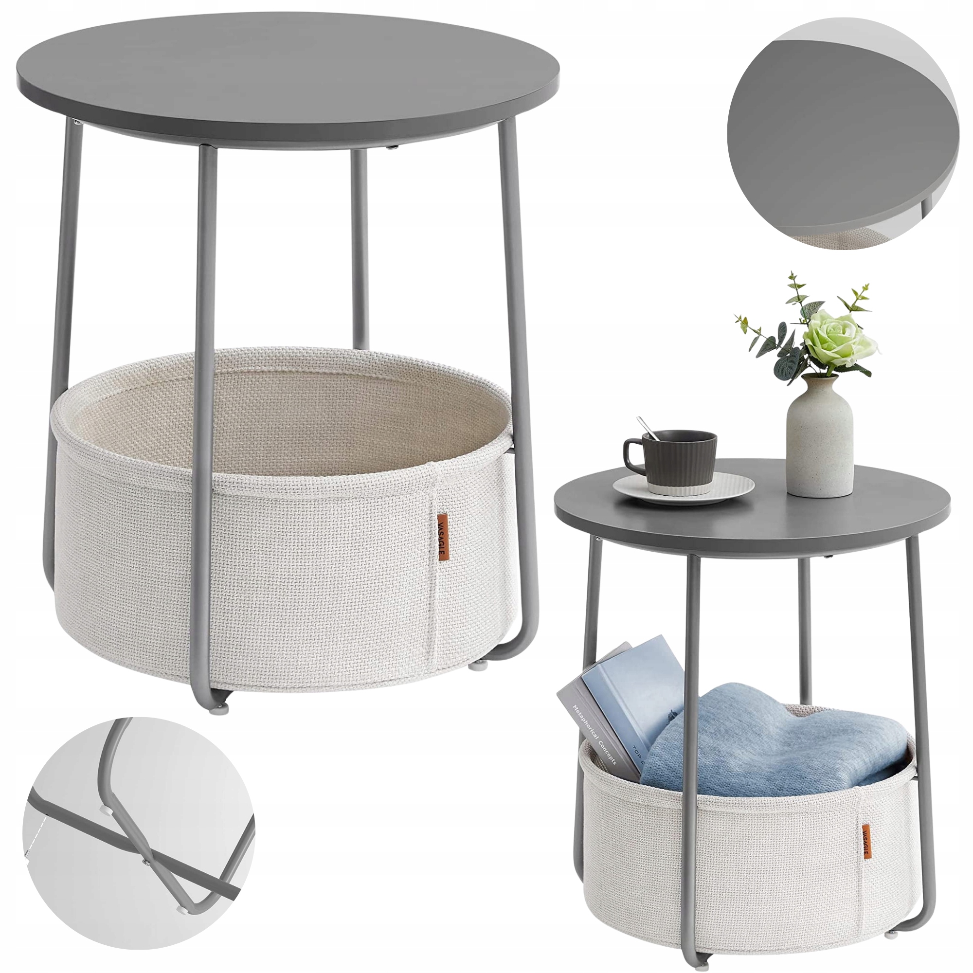 Konferenční stolek noční stolek kulatý 45 x 45 x 50 cm s košem Šedý Beton