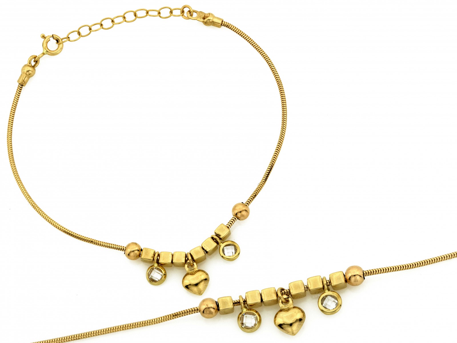 Zlatý náramek s tlustou šňůrou 585 s přívěsky na kostky r20 kuličky srdce 3.3 g