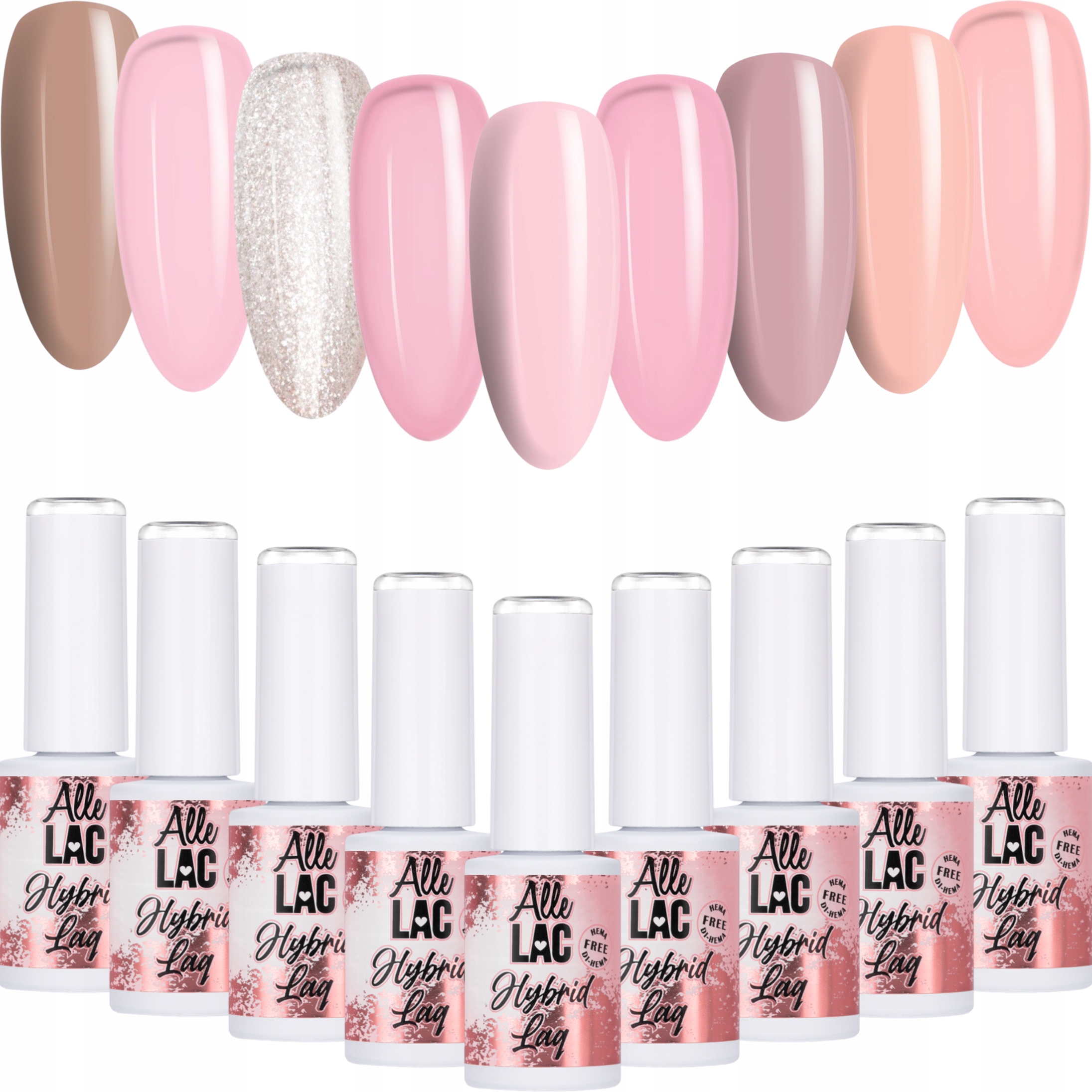 9x Hybridní lak Allelac 6 g Nudes Nude Béžový Růžový Set 9v1