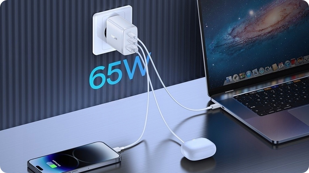 BASEUS SZYBKA ŁADOWARKA ZASILACZ 3x USB USB-C TYP-C 65W PD3.0 QC3.0 AFC SCP Przewód w zestawie nie