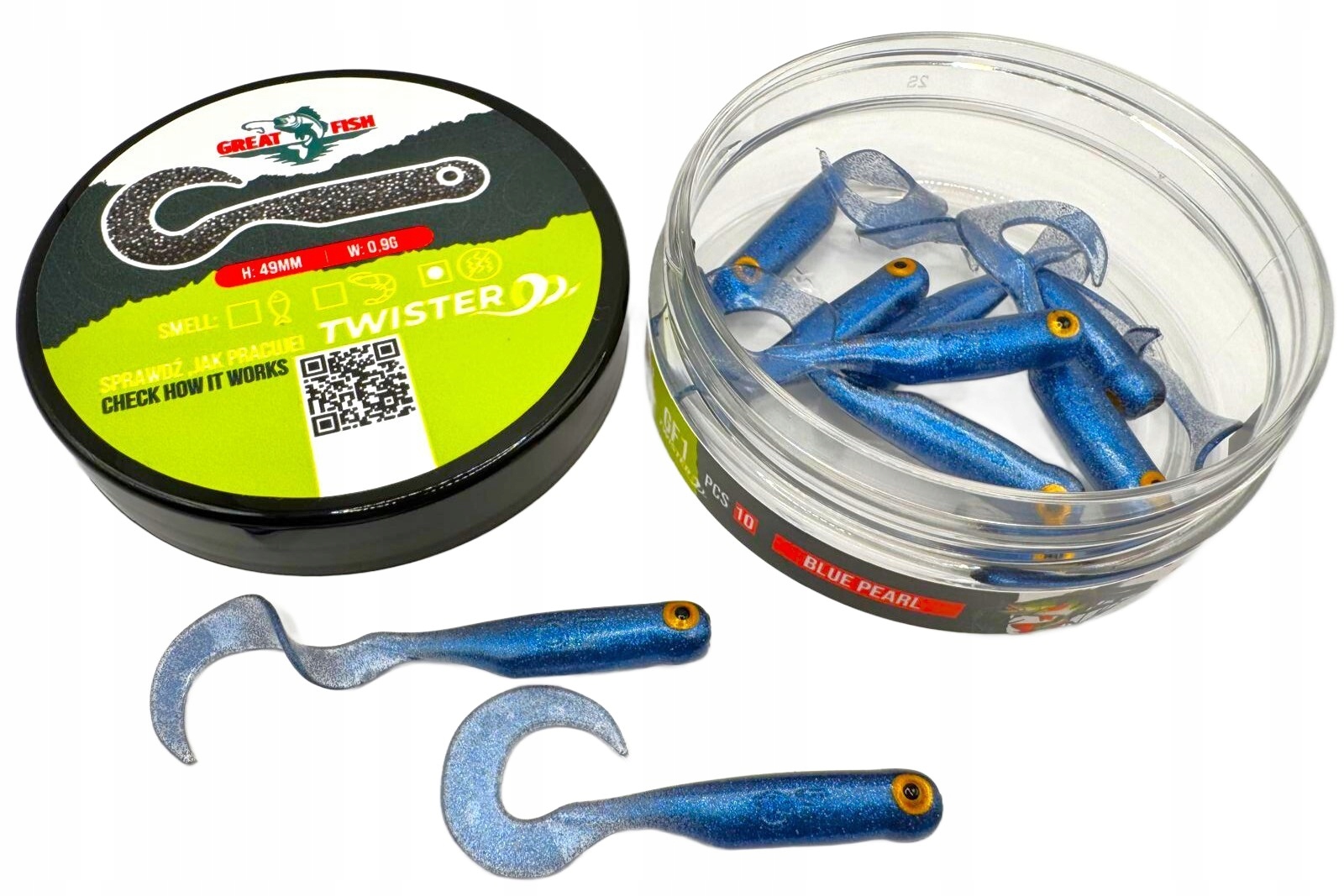Great Fish GF1 Twister 49MM 10 Sztuk Blue Pearl Shrimp Scent Zapach Krewetk