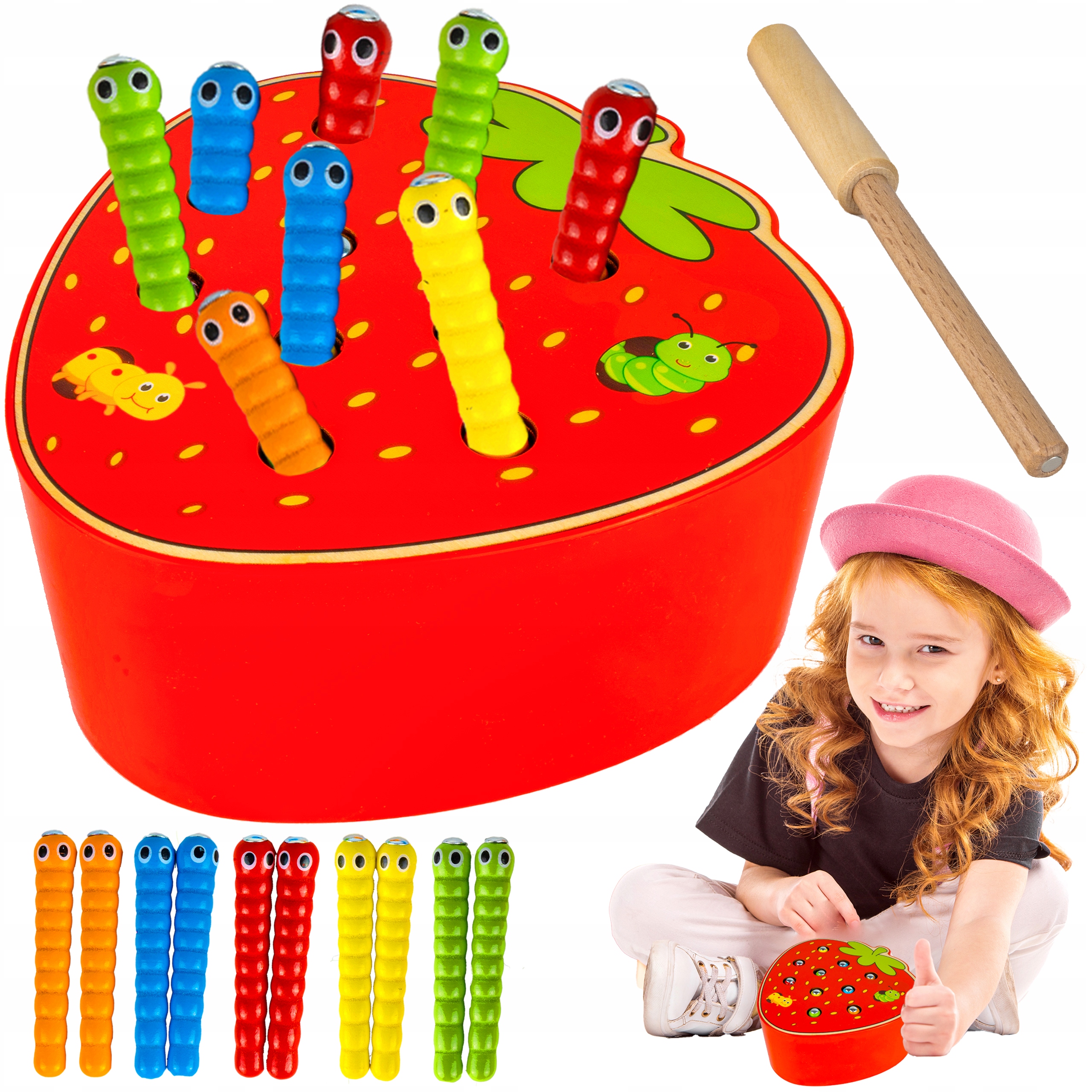 GRA UKŁADANKA ZRĘCZNOŚCIOWA DREWANIANA ZŁAP ROBACZKA NA MAGNES TRUSKAWKA