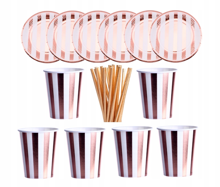 ZESTAW KUBECZKI TALERZYKI SŁOMKI ROSE GOLD