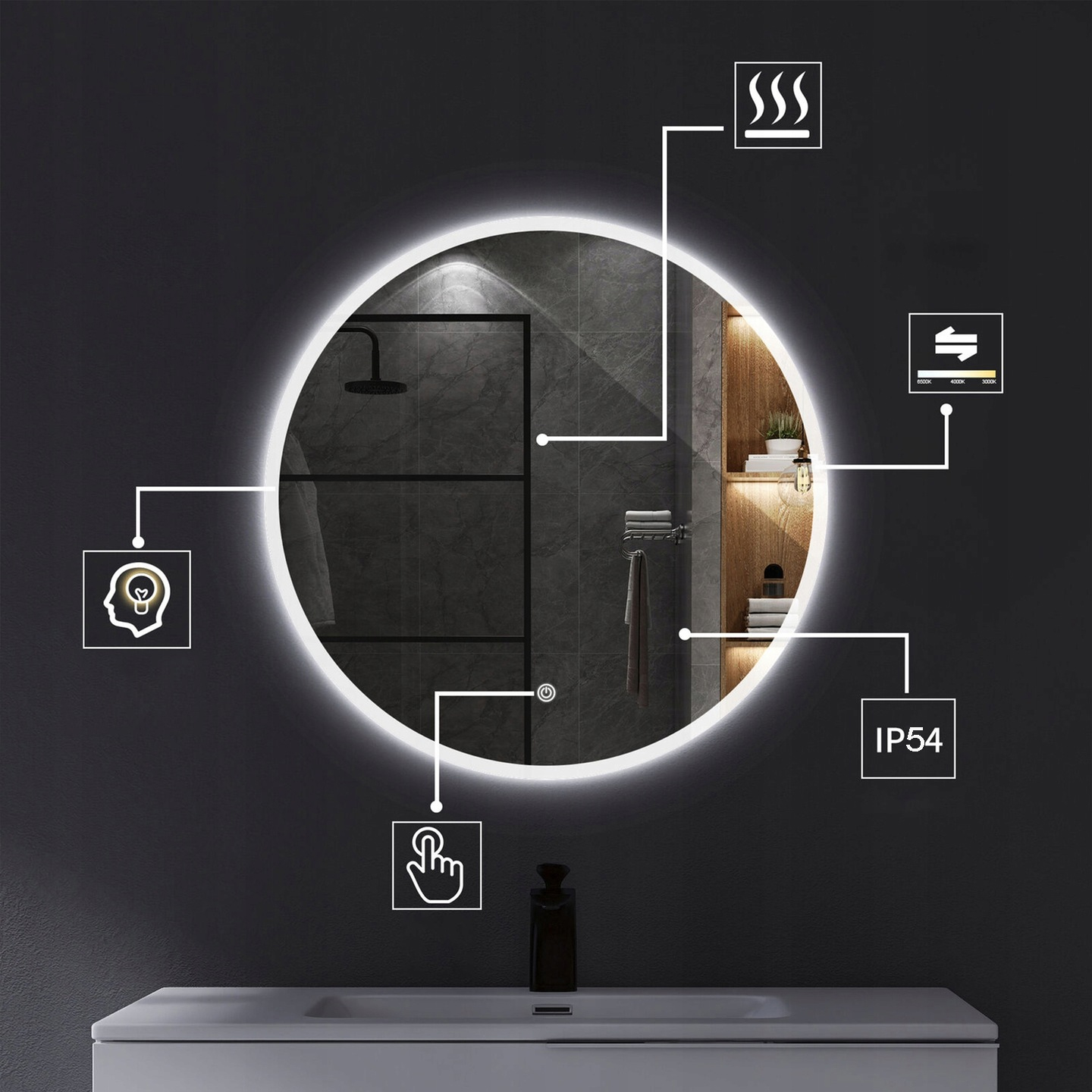 LUSTRO ŚCIENNE LED PODŚWIETLANE KOŁO 90cm Rodzaj zwykłe