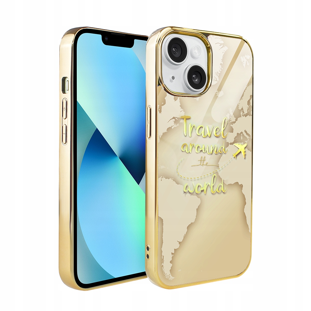 Pouzdro pro iPhone 13 Ibizu Elite Glass 3D, skleněná zadní strana, zlatá mapa světa