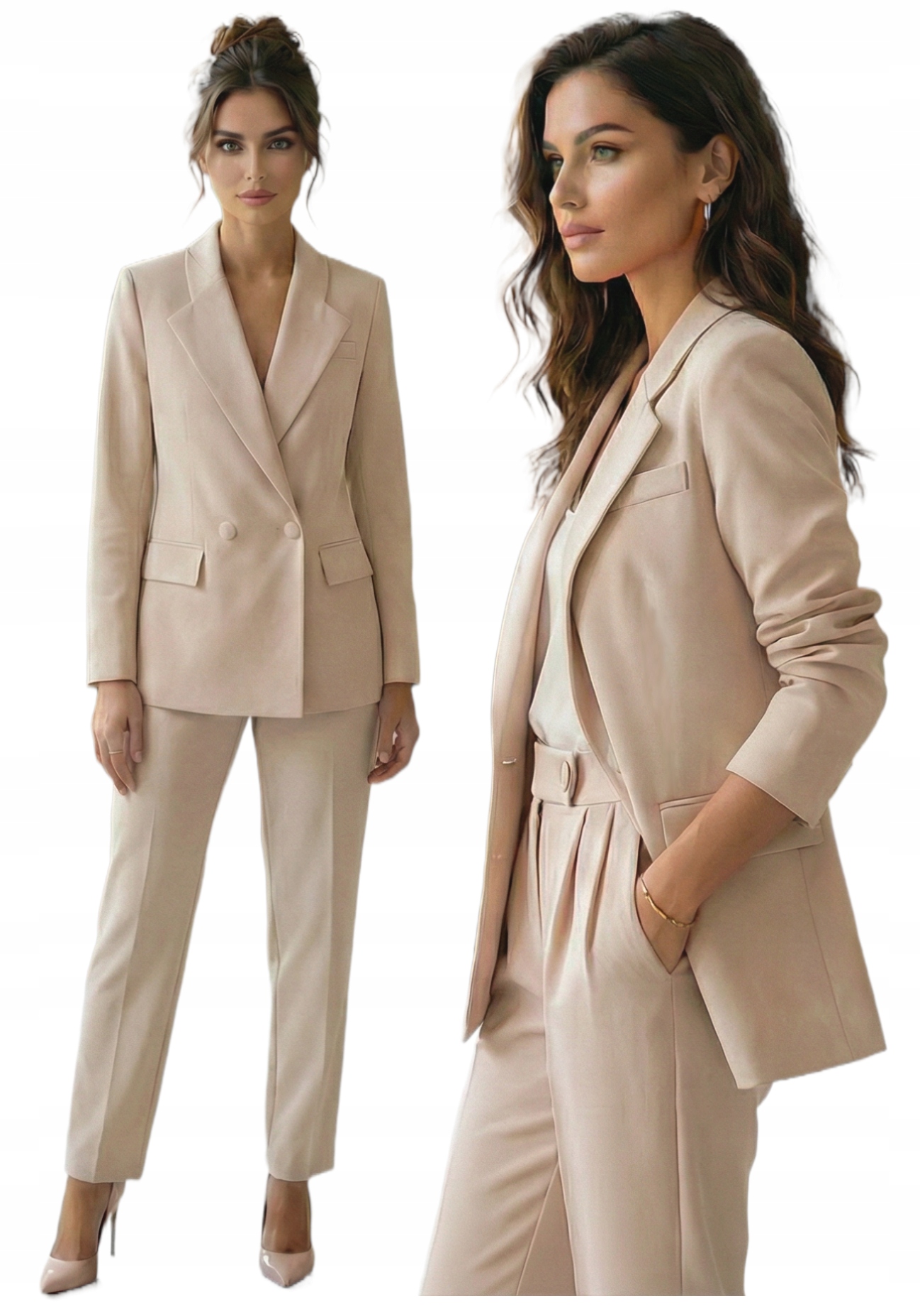 Béžový dámský komplet elegantní sako a kalhot s vysokým pasem
