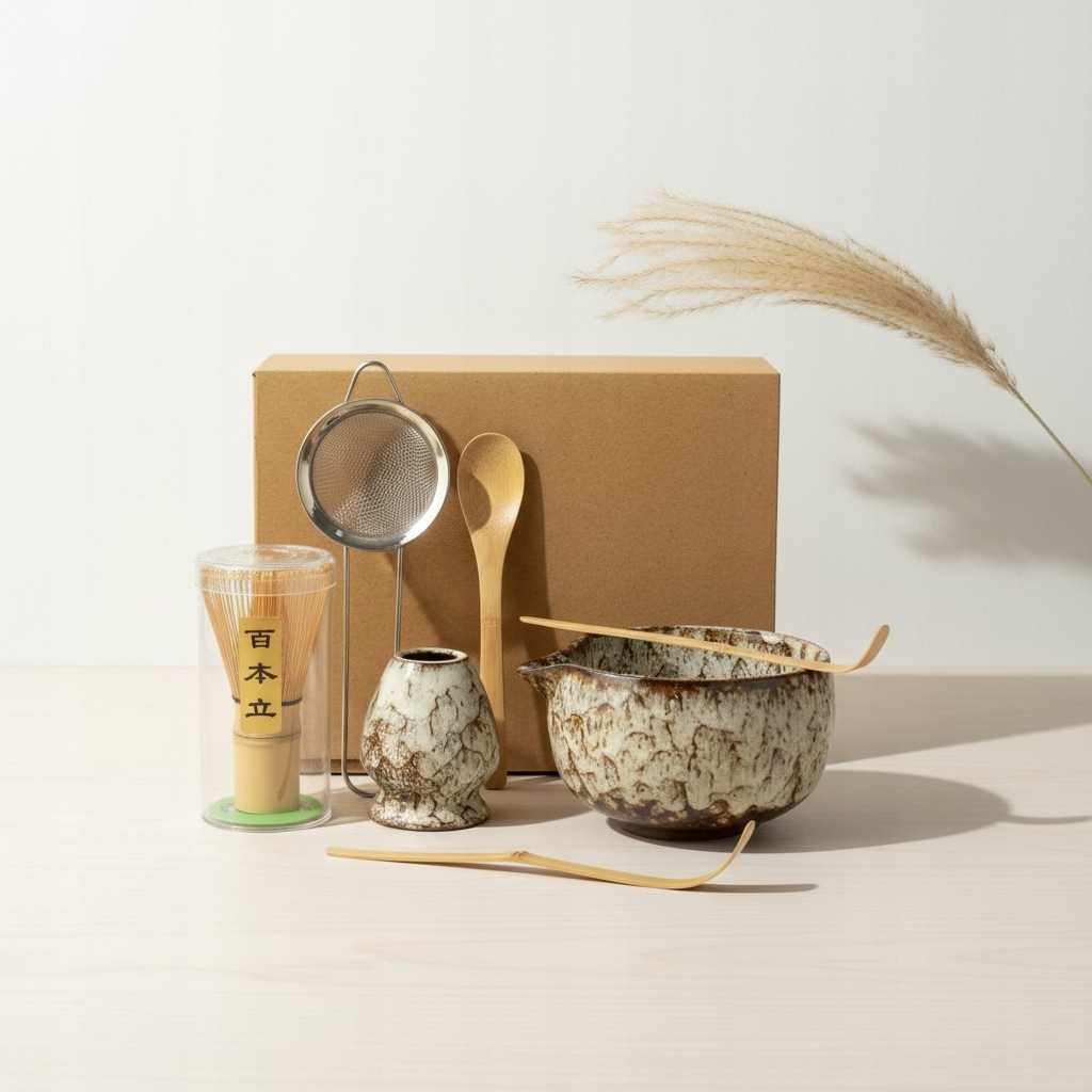 Levně Sada Matcha Čaje 6 ks: Keramická Miska, Nálevka, Bambusová Metlička Držák, Lžička, Sítko