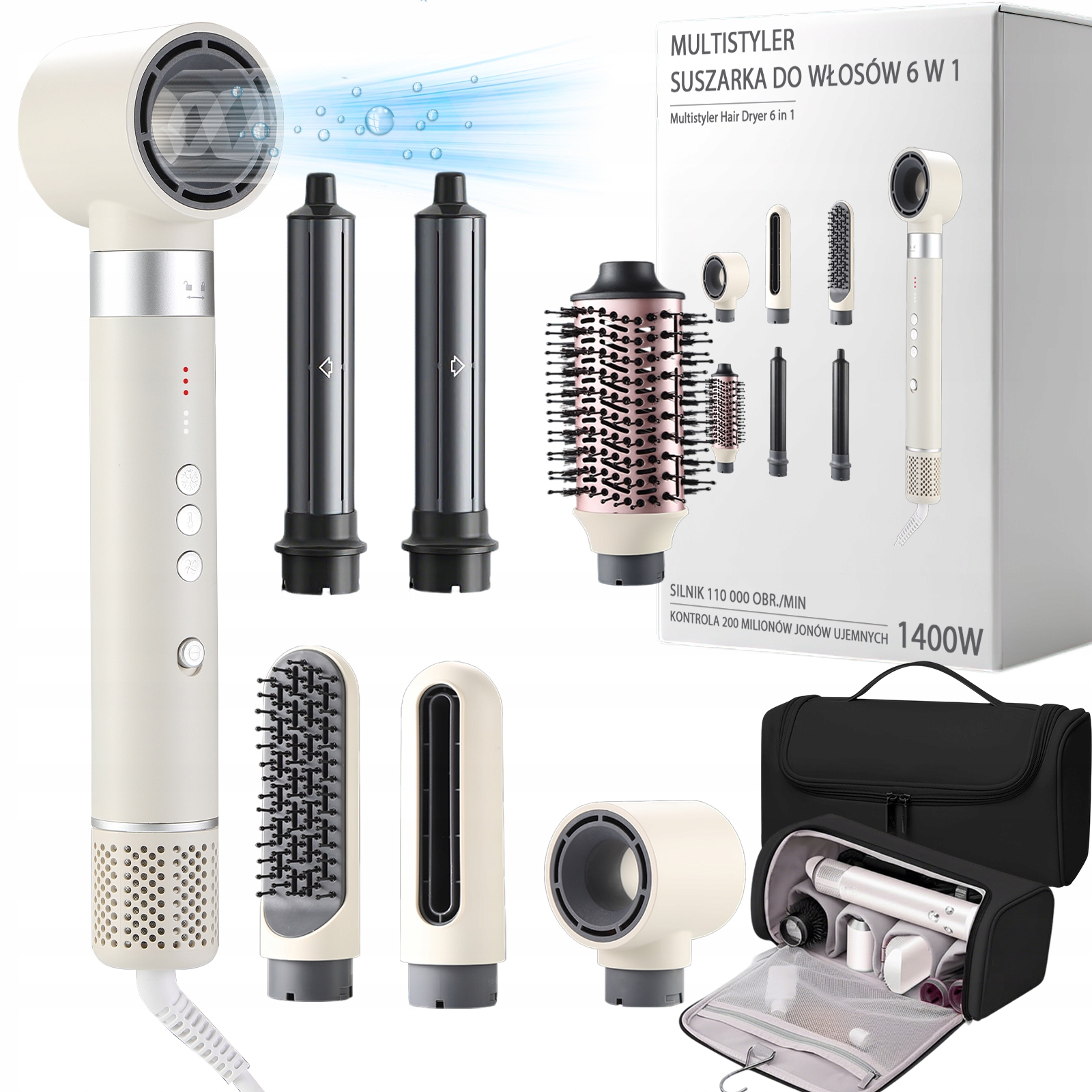 Mocna Suszarka Lokówka Do Włosów 6W1 3 Prędkośc Z Jonizacja 1400W Regulacja