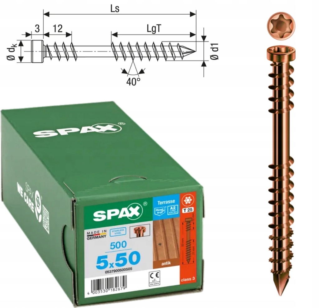 Skrutka do terasovej dosky Spax 5x50 500ks A2 zlatá