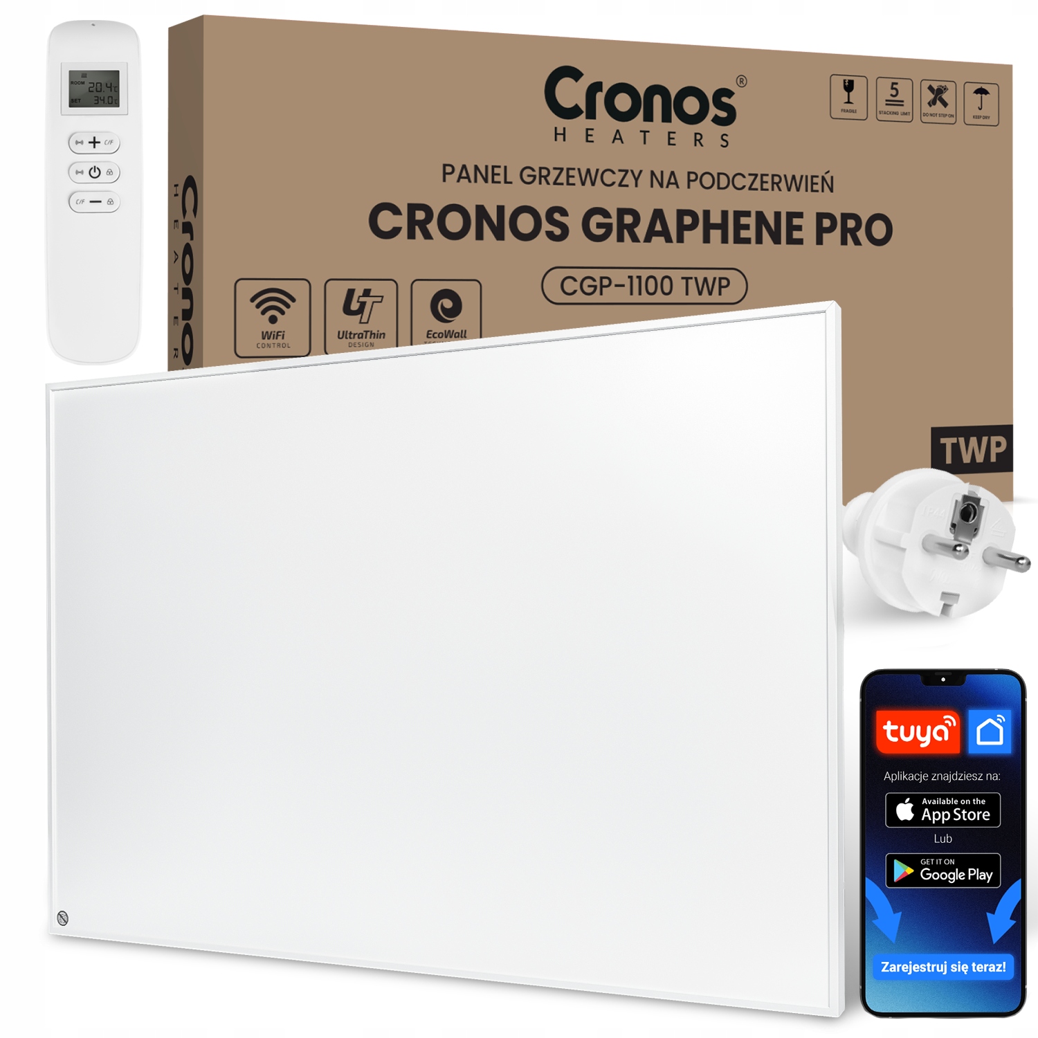 Grzejnik Na Podczerwień Grafen Panel Elektryczny Promiennik WiFi Ir 1100W