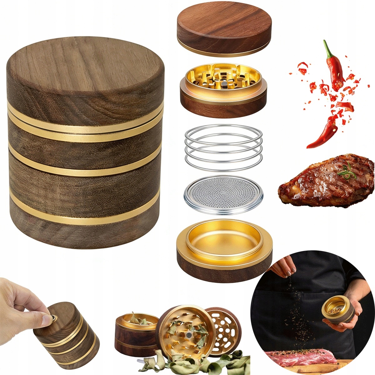 Mlýnek na bylinky z mahagonu a hliníku s vyměnitelným sítkem a škrabkou, zlatý