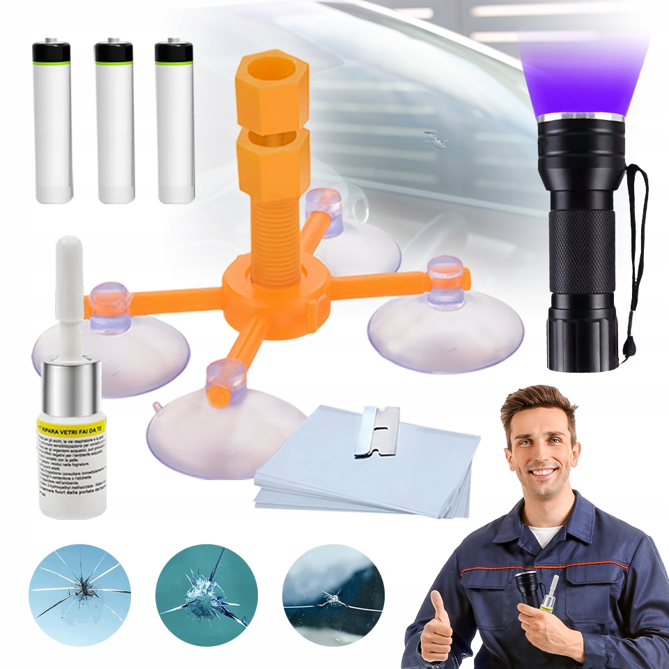 ZESTAW DO NAPRAWY SZYBY SAMOCHODOWEJ NAPRAWCZY KLEJ NA ODPRYSKI PĘKNIĘCIA