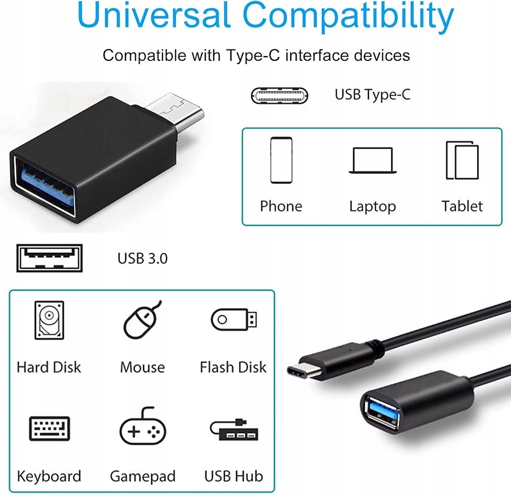 Adapter USB-C męski - USB 3.0 żeński 3.1 OTG Zastosowanie USB, FireWire