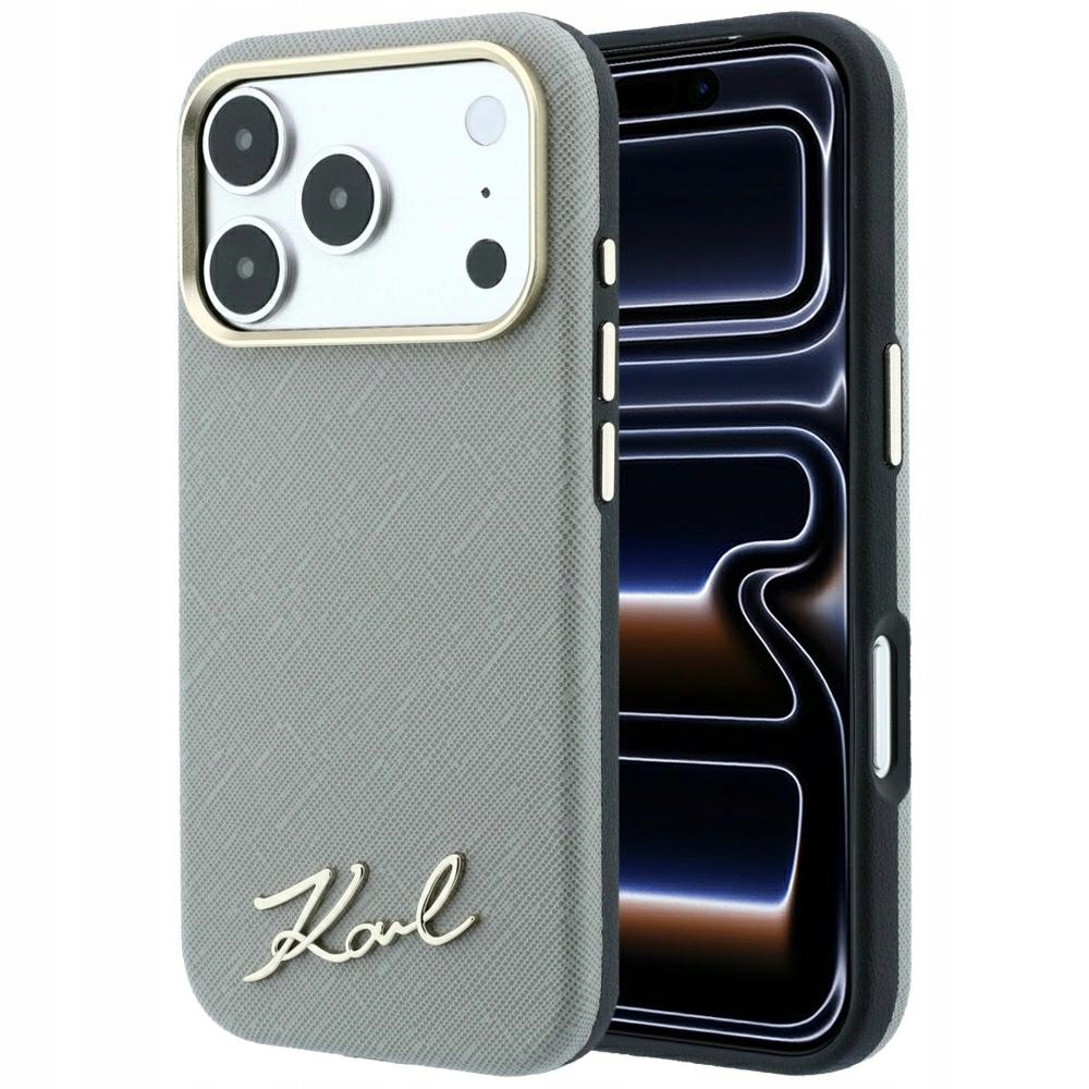 Pouzdro Karl Lagerfeld Script Metal Logo MagSafe pro iPhone 18/17 Pro béžové