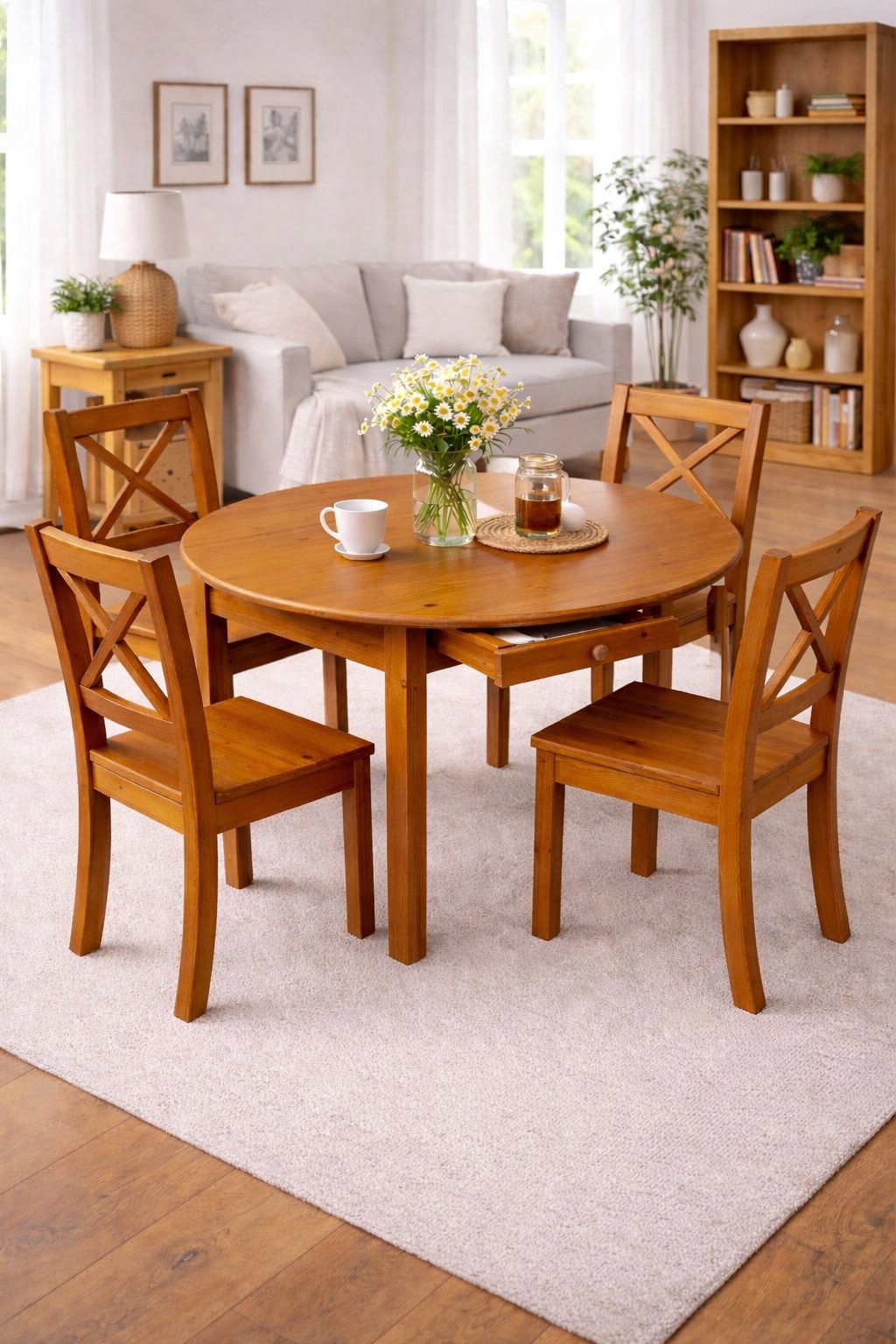 Dřevěný Borovicový Stůl Kulatý Se Zásuvkou 120 Do Kuchyně Obývacího Pokoje Dub