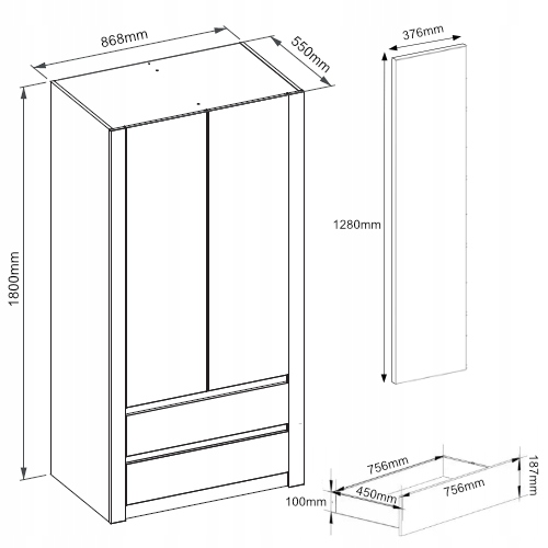Szafa garderoba 90cm 2d 2sz sonoma mix biała B-20