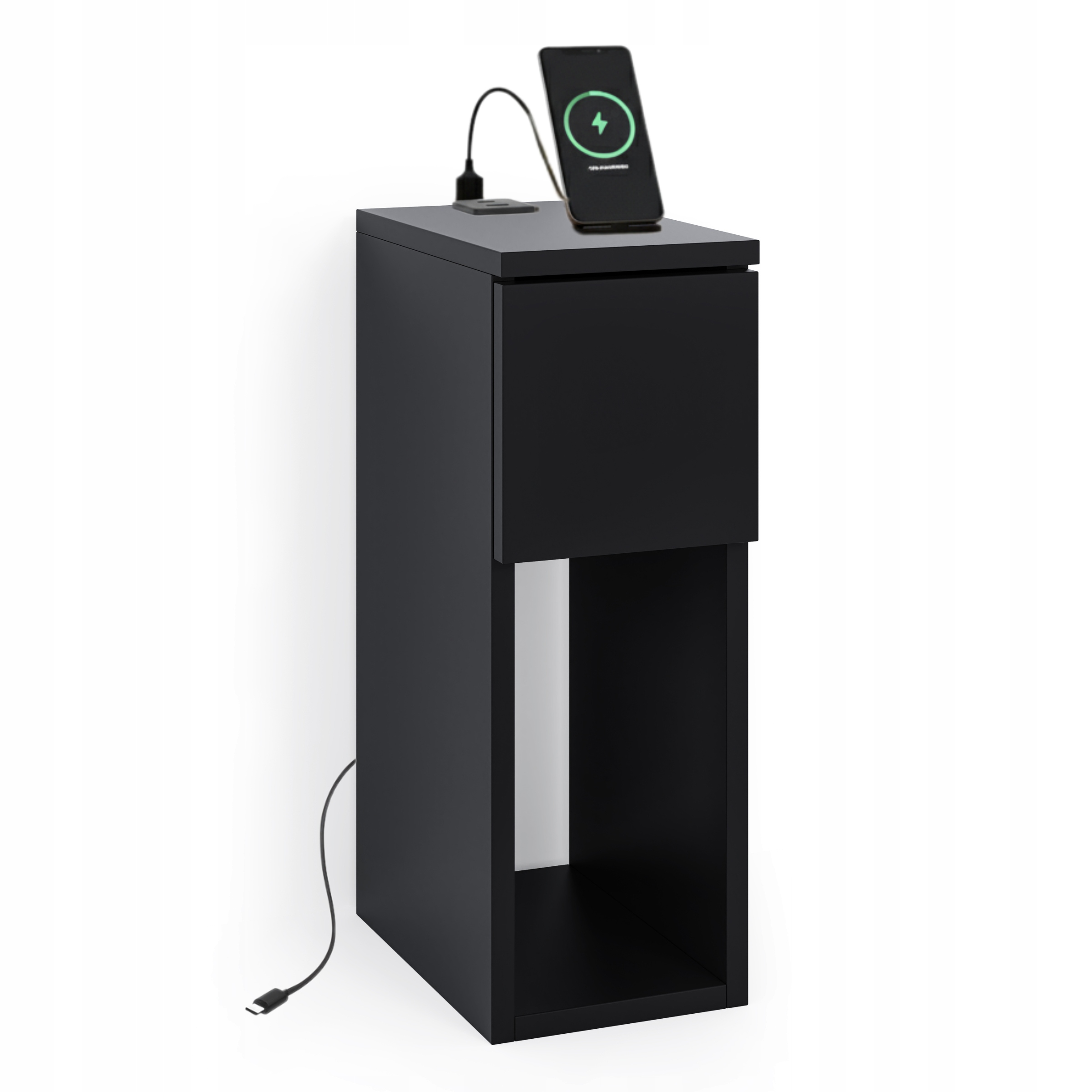 Noční Stolek S Portem Usb/c 5V Loftová Černá 20x30 CM Se Zásuvkou A Policí