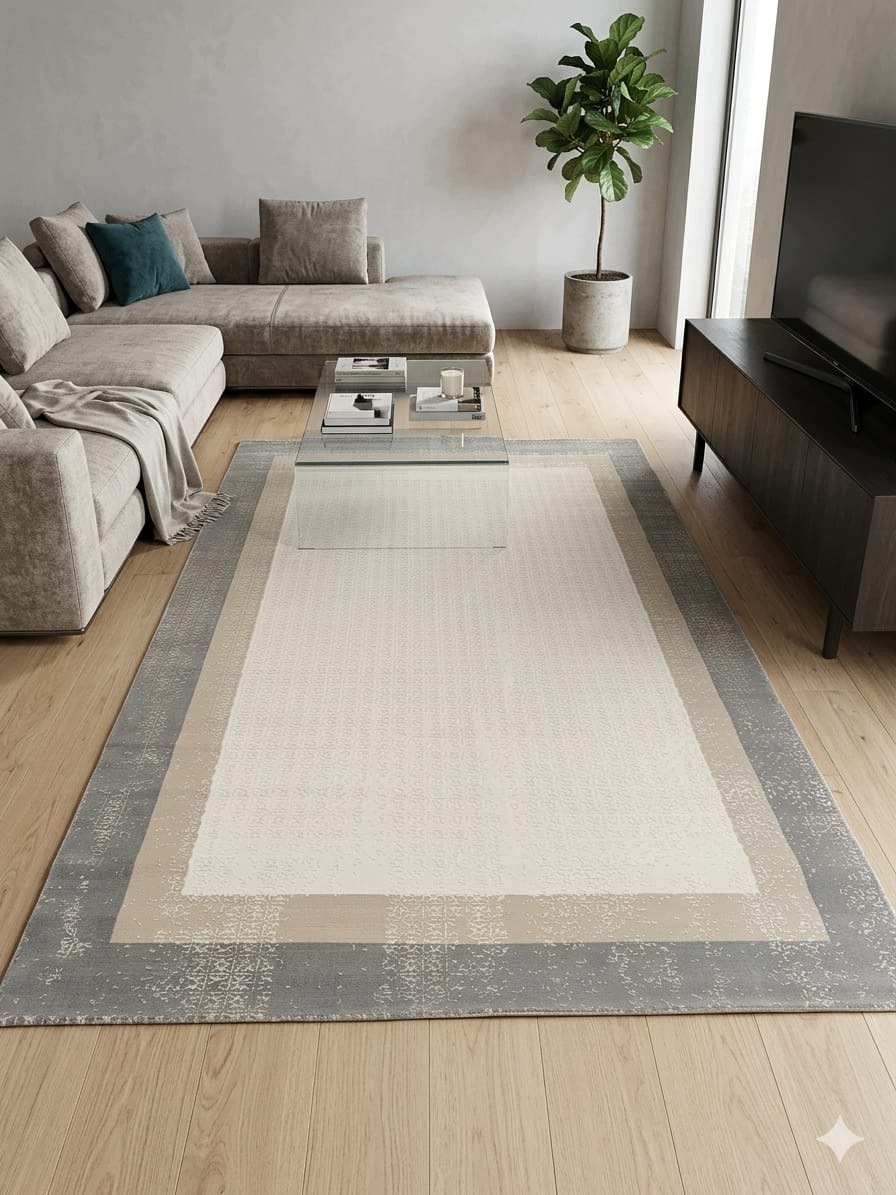 Koberec 160x230 cm krémovo-sivý, moderný rámik Seta Exclusive obývacia izba