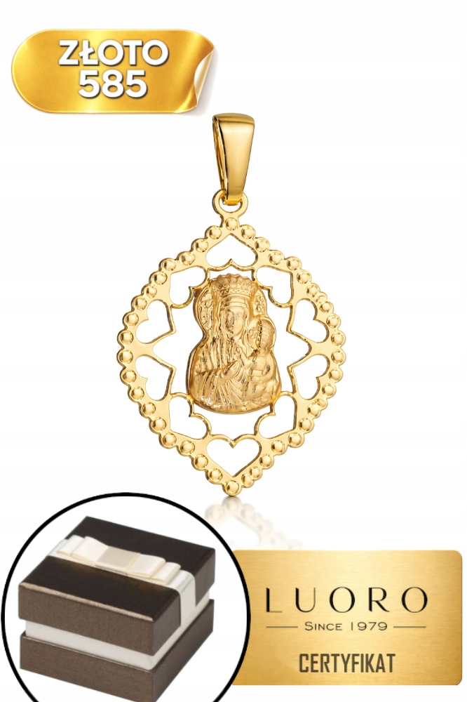 Zlatý Medailon 585 14K Panna Maria Čenstochovská Ažurová Vazba 26 MM