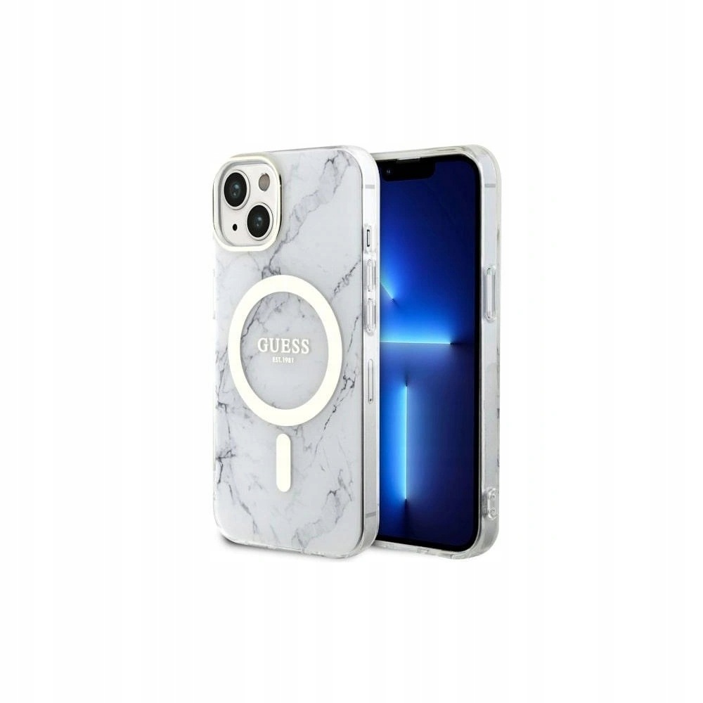 Pouzdro Guess pro iPhone 14 Marble MagSafe Hardcase Bílé Kryt