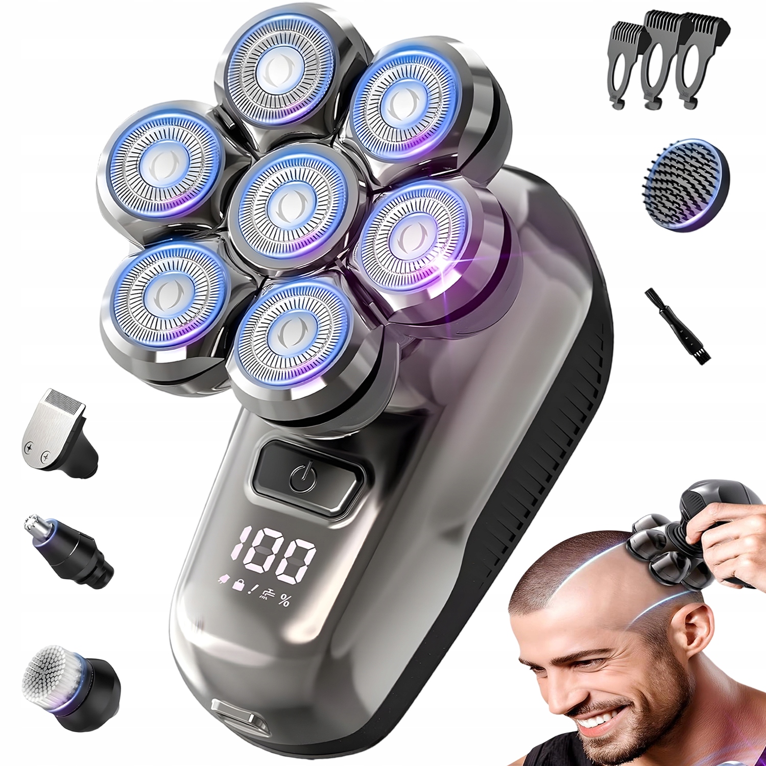 Holicí Strojek Elektrický 7 Hlavic Na Holení Hladký Bezdrátový Stříbrný Men