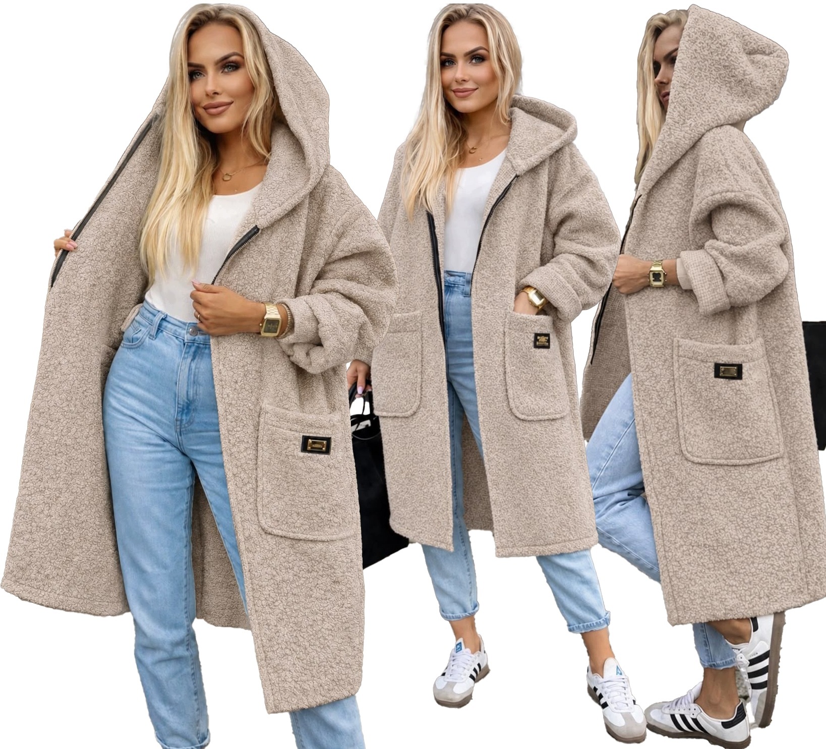 Dlouhý měkoučký Dámský Kabát na zip s kapucí boucle Gerda