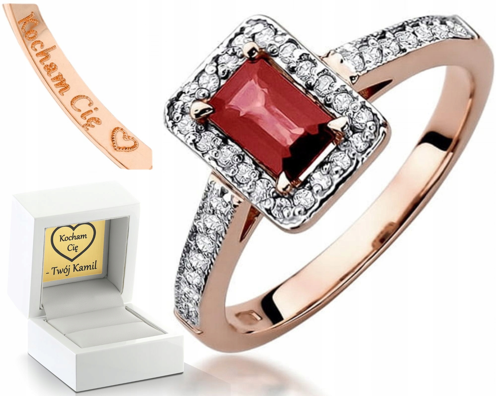 Prstýnek Růžové Zlato Zásnuby Rubín Brilianty Gravírování 585 Bonus Dárek
