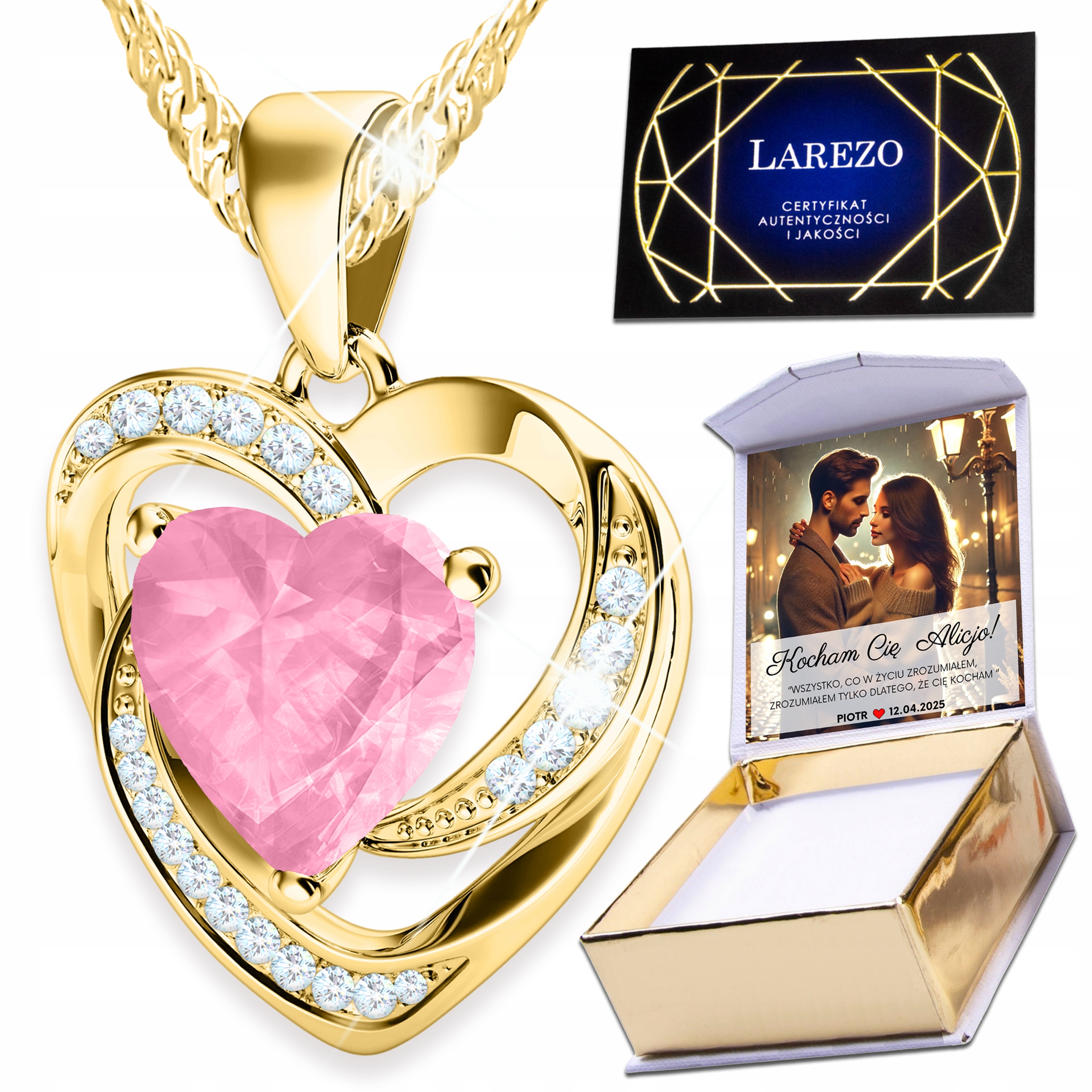 Zlatý náhrdelník 925 Růžové srdce Dvojité srdíčko Křišťál Láska Potisk