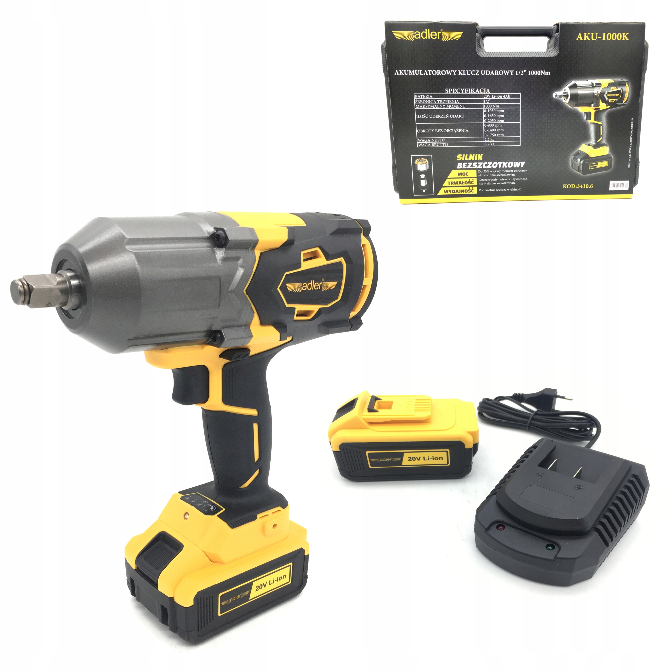 Ударный гайковерт 1/2 20В 1000 Нм 4AH ADLER комплект
