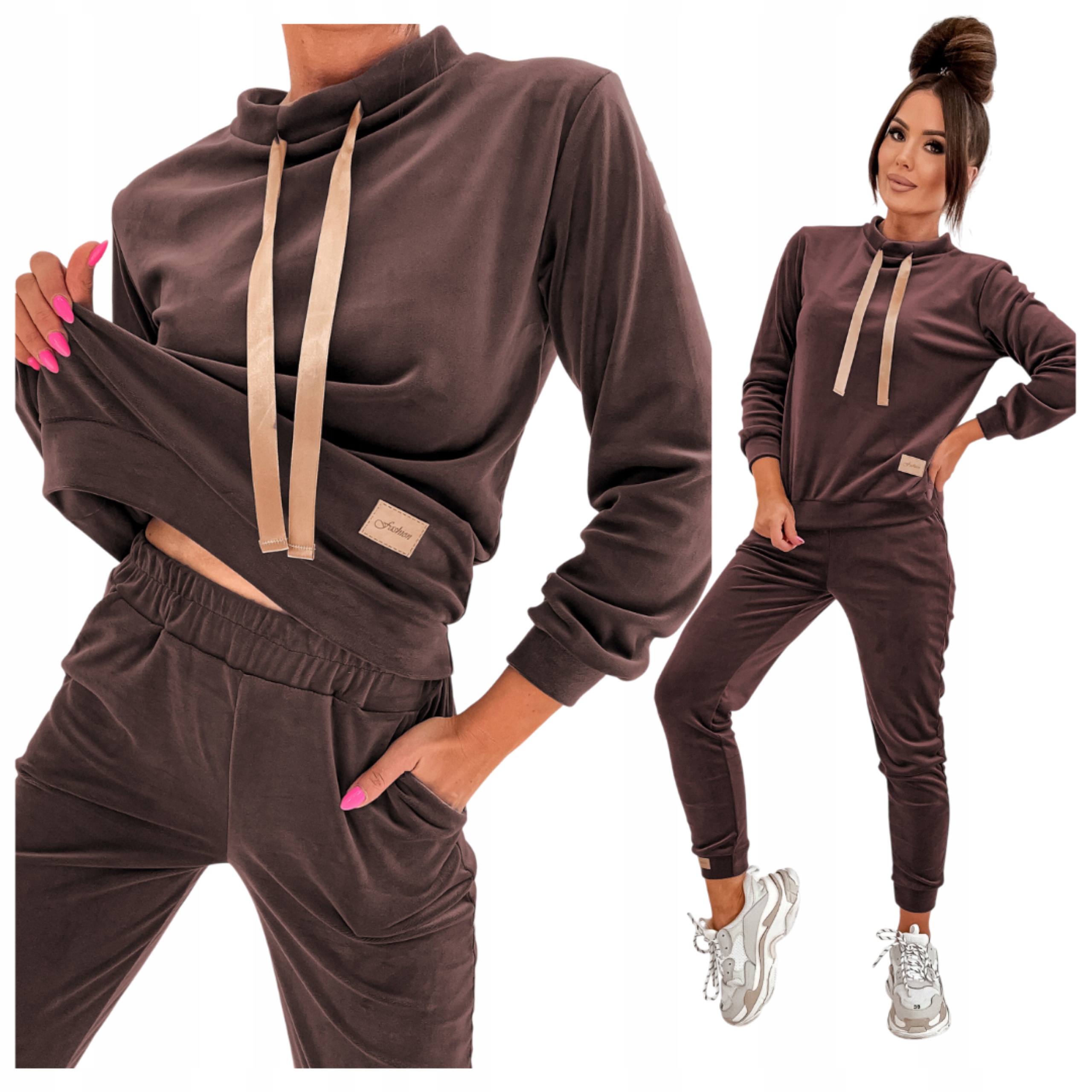 Dres Welurowy Damski Komplet Premium Bluza Spodnie Wysoki Stan Czekolada L