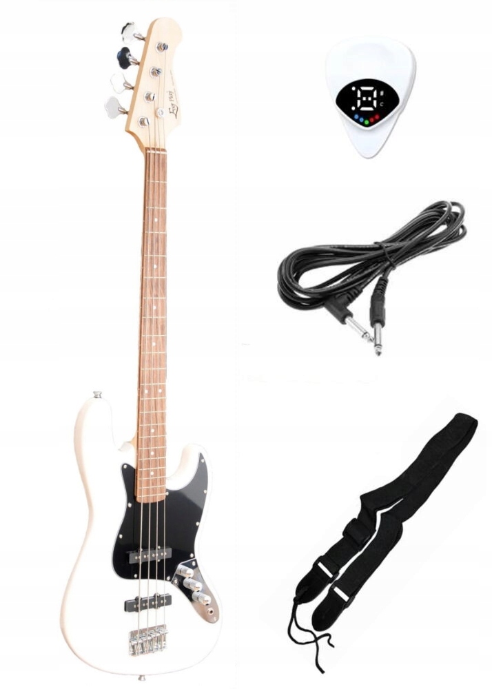 Ever Play Jb Wh/bk Gitara Basowa 4-STRUNOWA Biała Czarna Płytka Zestaw