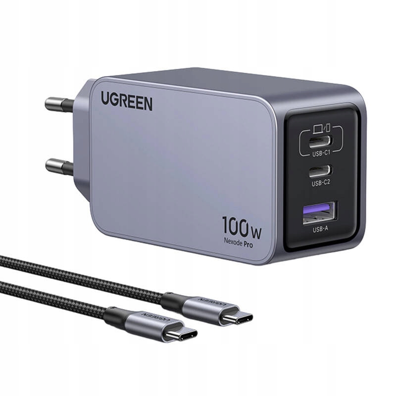 Síťová nabíječka Ugreen Nexode Pro 100W, GaN, Usb 2x Usb-c (šedá)