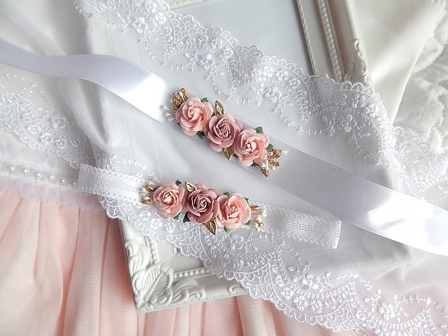 RÓŻANY Zestaw OPASKA i PASEK do sukienki Chrzest Marka Inna marka