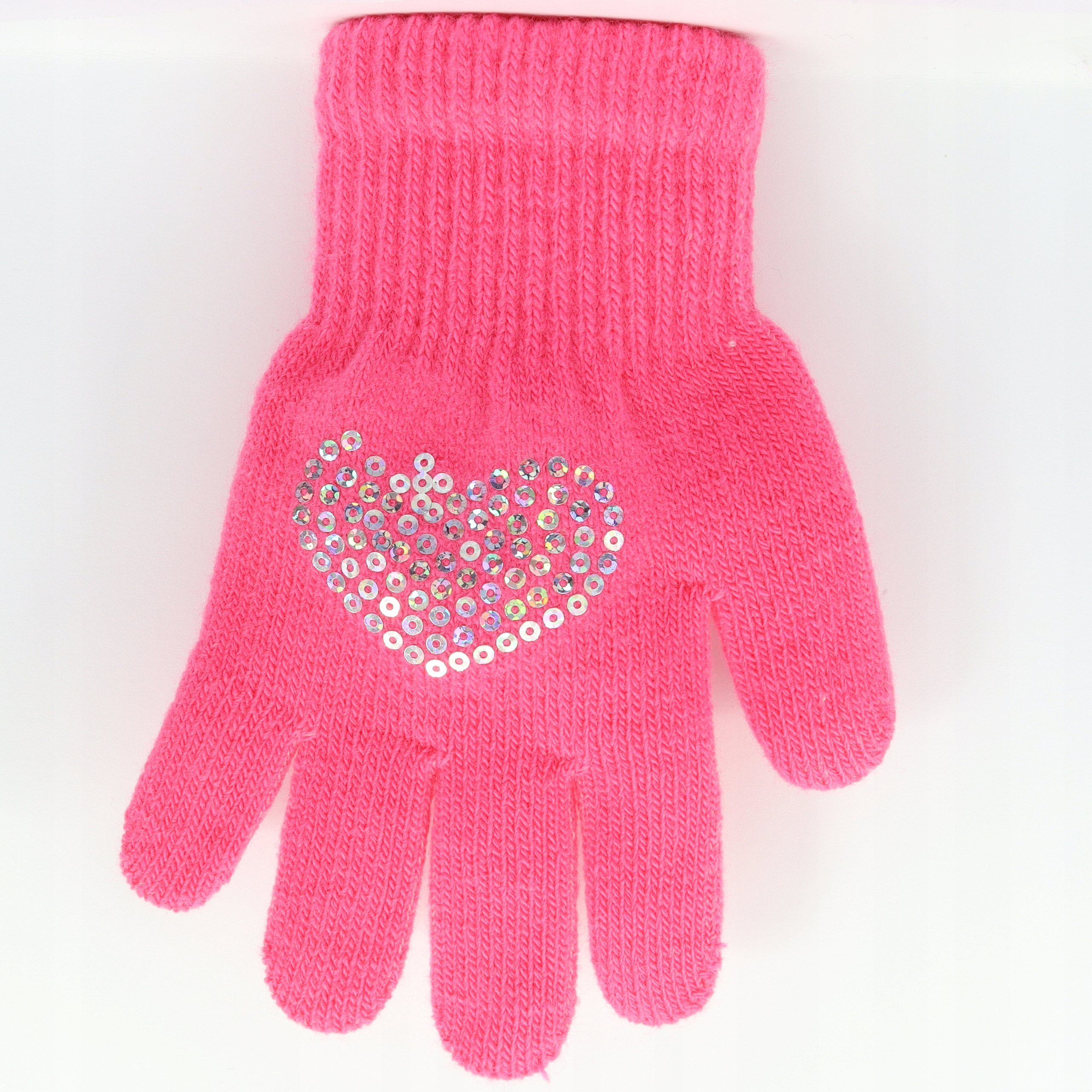 5-6 lat Z PUSZKIEM CEKINY Rękawiczki Akrylowe 15 cm RÓŻ MALINOWY 165 Serce
