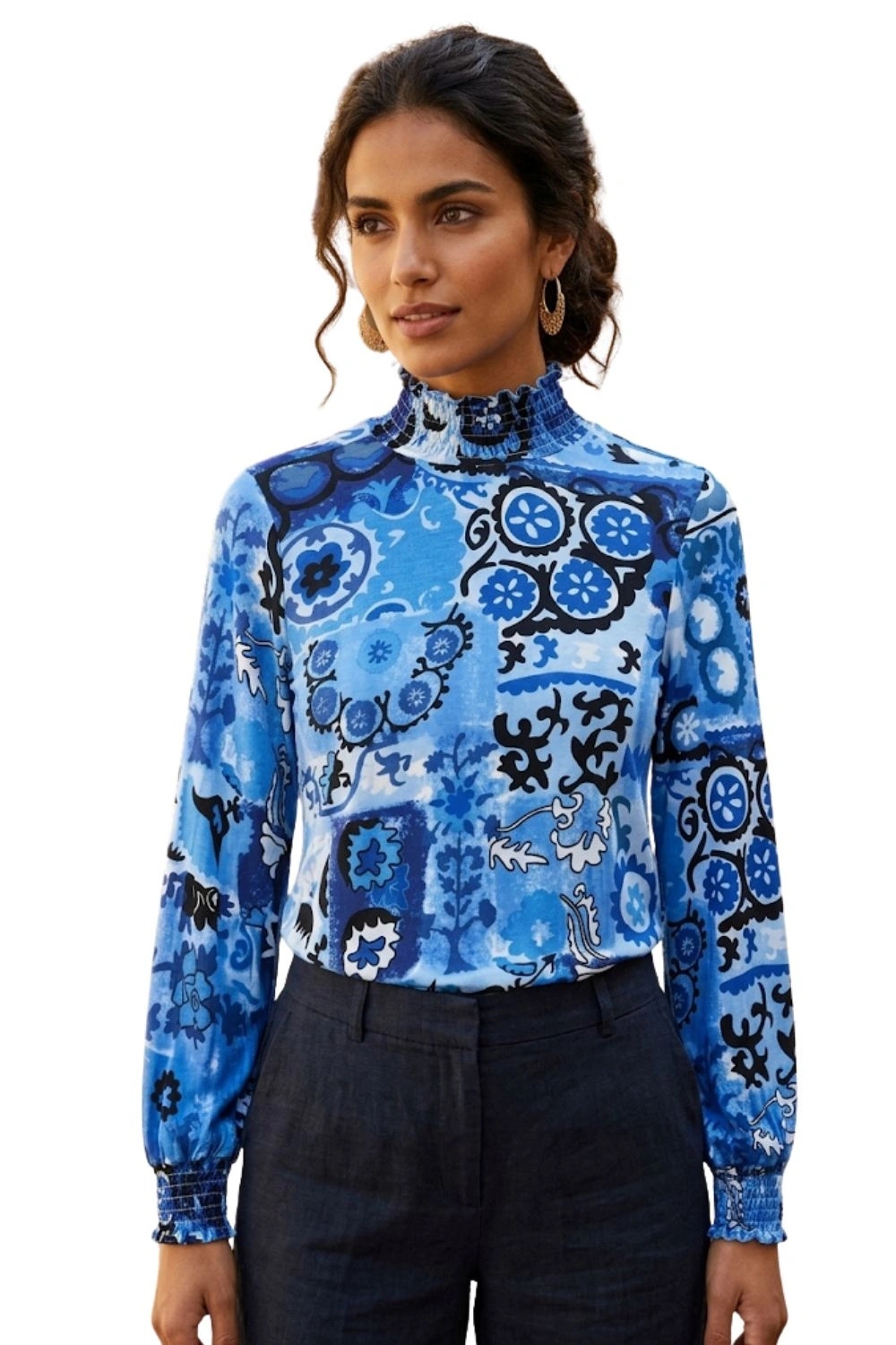 Dámská mikina Desigual Pauline modrá vzor patchwork smokovaná vel. S
