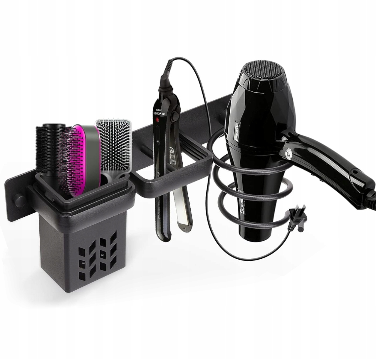 Nástěnný držák na vysoušeč vlasů Držák na žehličku S Poličkou Černý