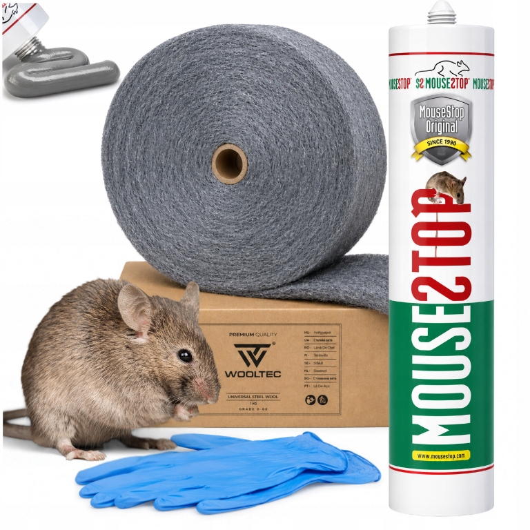 Sada na hubení myší, těsnící hmota Mousestop ocelová vlna 1 kg