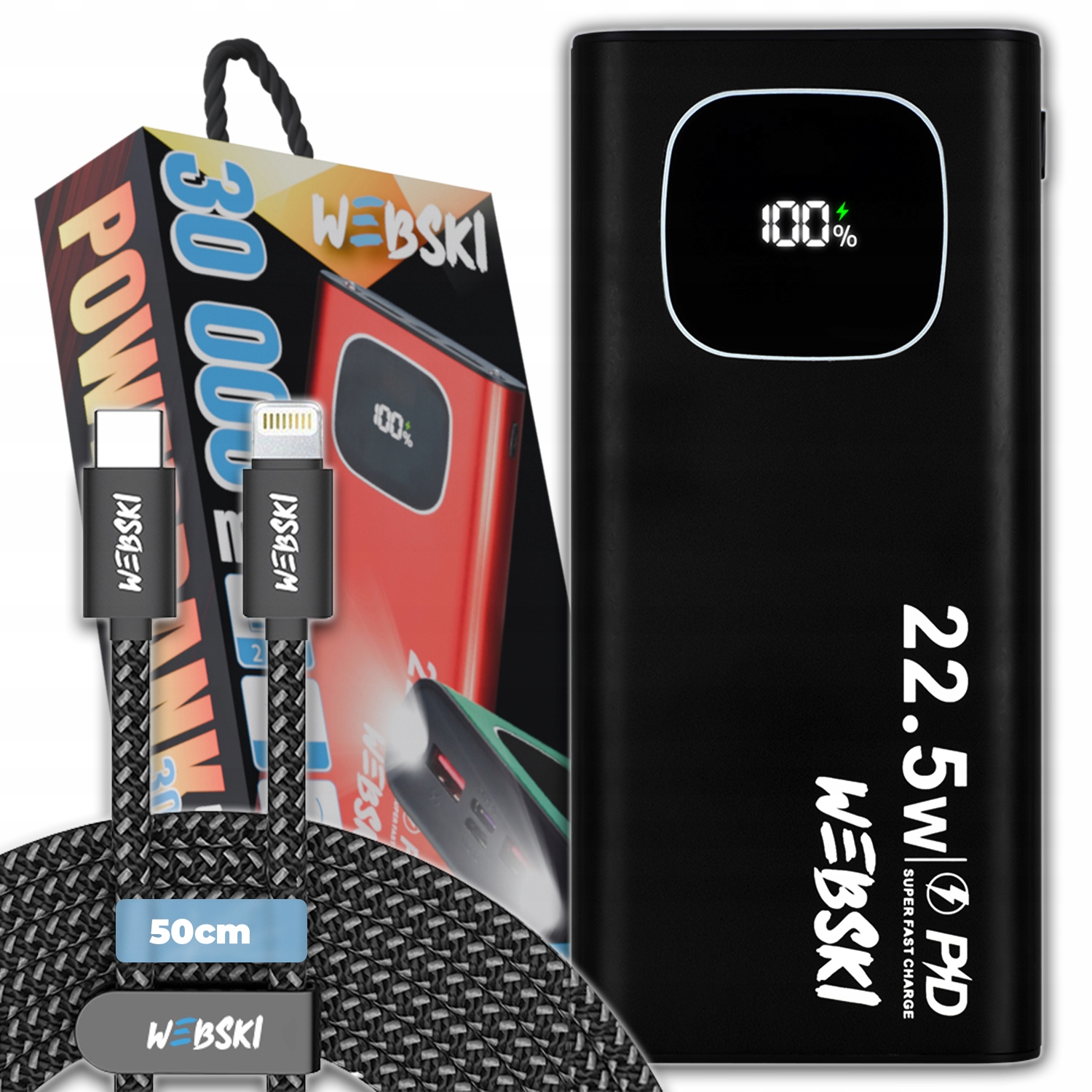 Powerbank 30 000 mAh 2X Usb Usb-c Rychlé Nabíjení Pd Kabel Lightning 50 CM 0,5 M