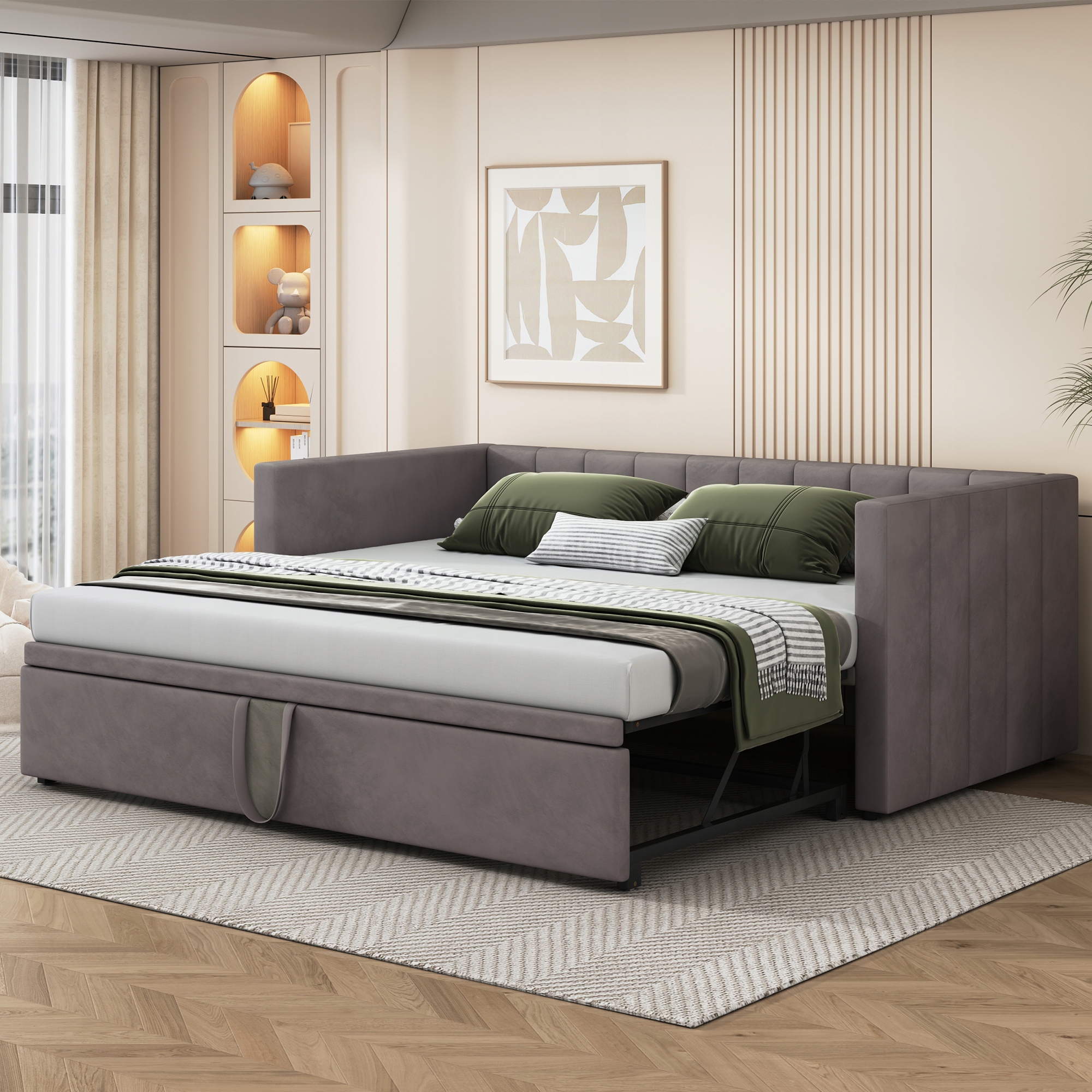 Čalouněná pohovka s funkcí spaní 90/180*200 cm s výsuvným lůžkem, šedá