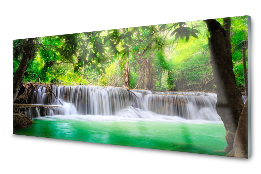 Obraz na skle Vodopád Jezero Les Příroda 125x50