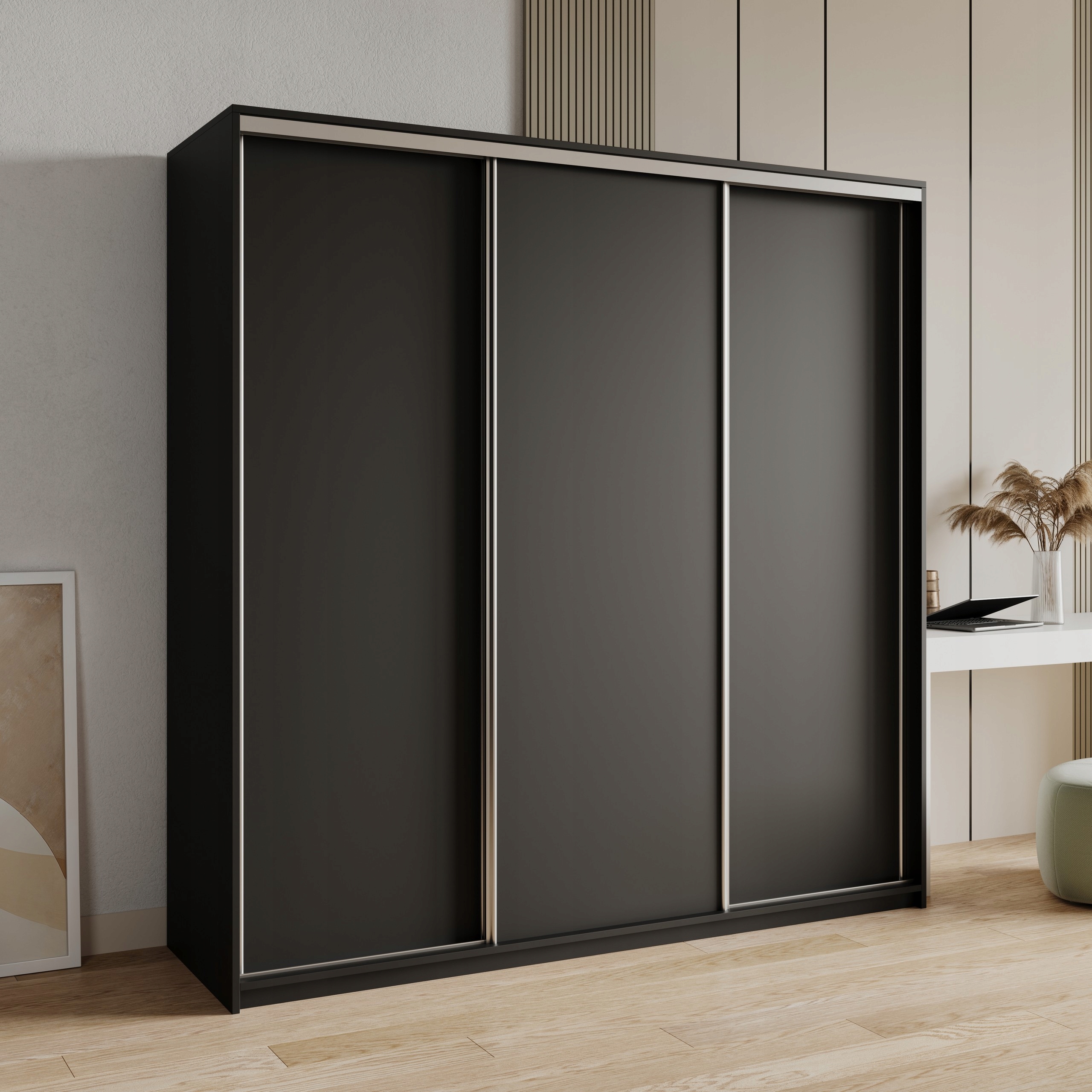 Skříň Třídveřová Nisse 200 cm Zásuvky Černá Satén