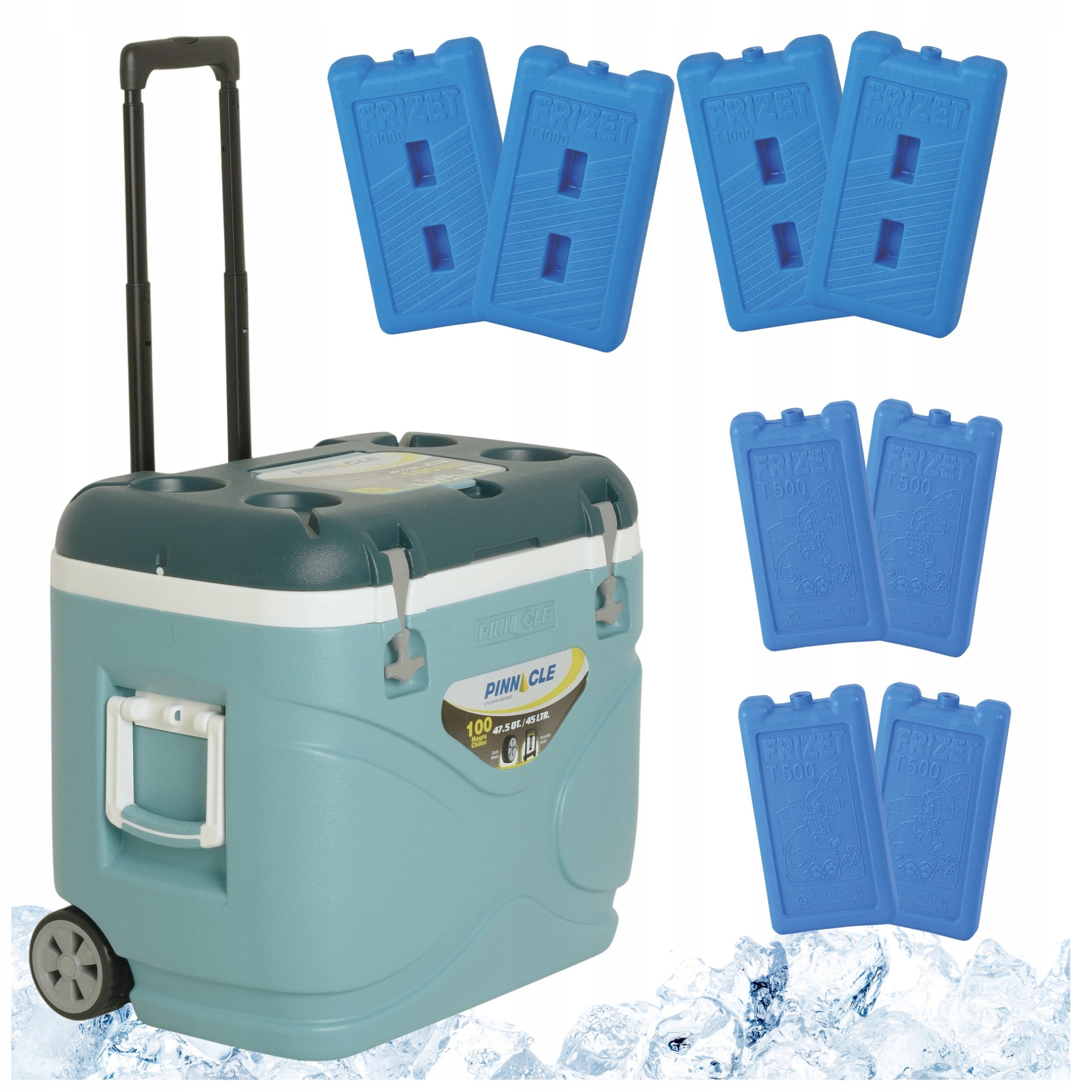 Pinnacle Turistická lednička 45L s kolečky světle modrá 8 náplní 4x 1L 4x 0,5L