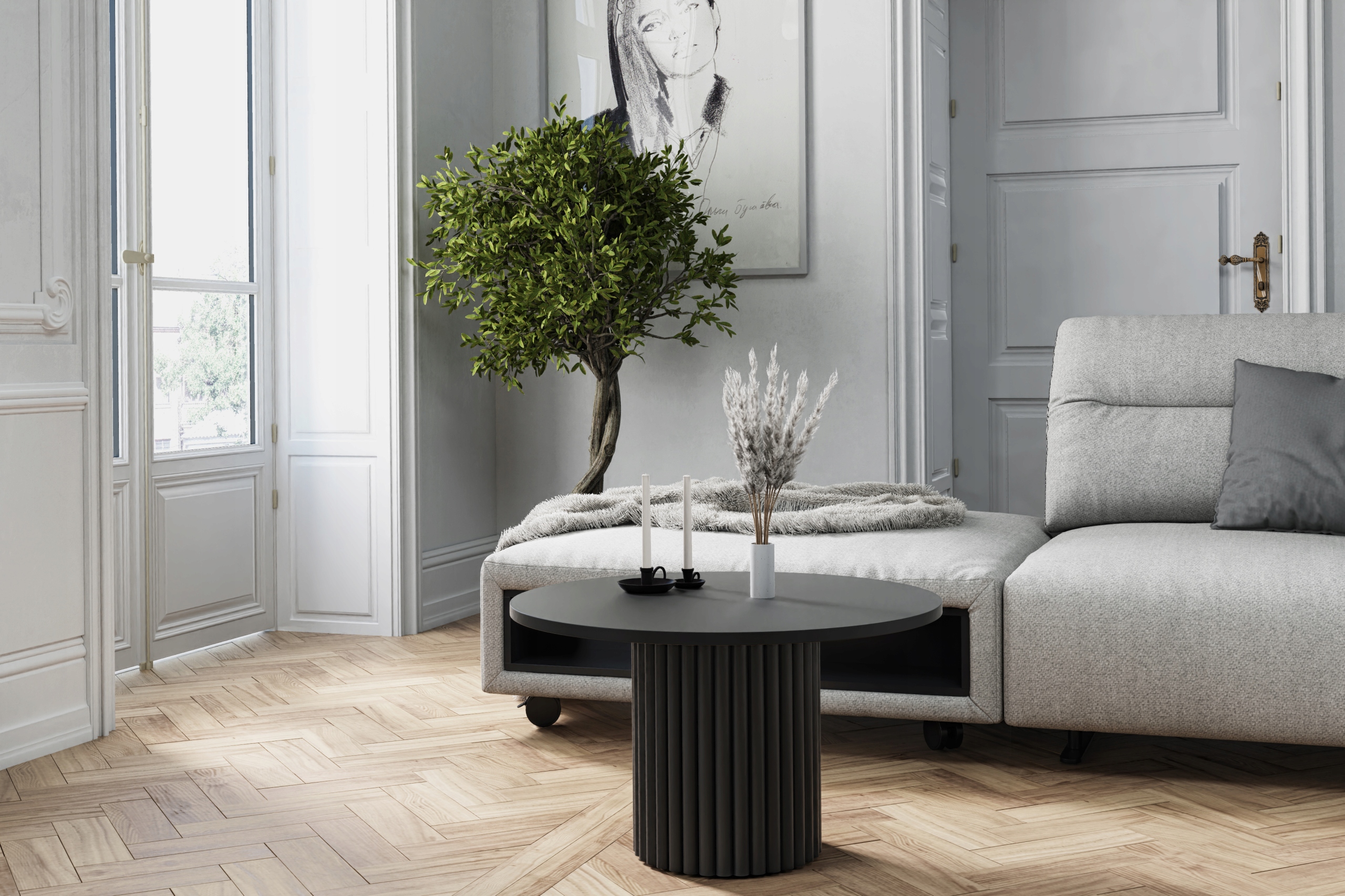 stolek Lamelo kulatý kovová základna, trubka z trubek, černé lamely, průměr 67 cm