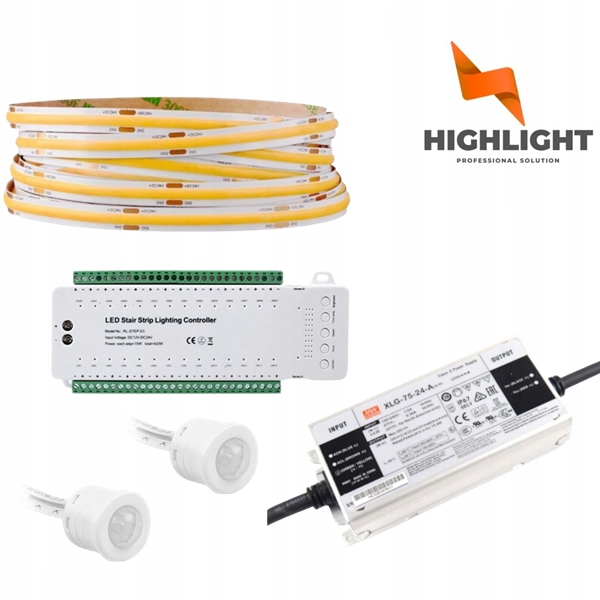 5m Schodiskový set Kaskádový Led pásik MoNo Cob 8W 24V pohybové senzory